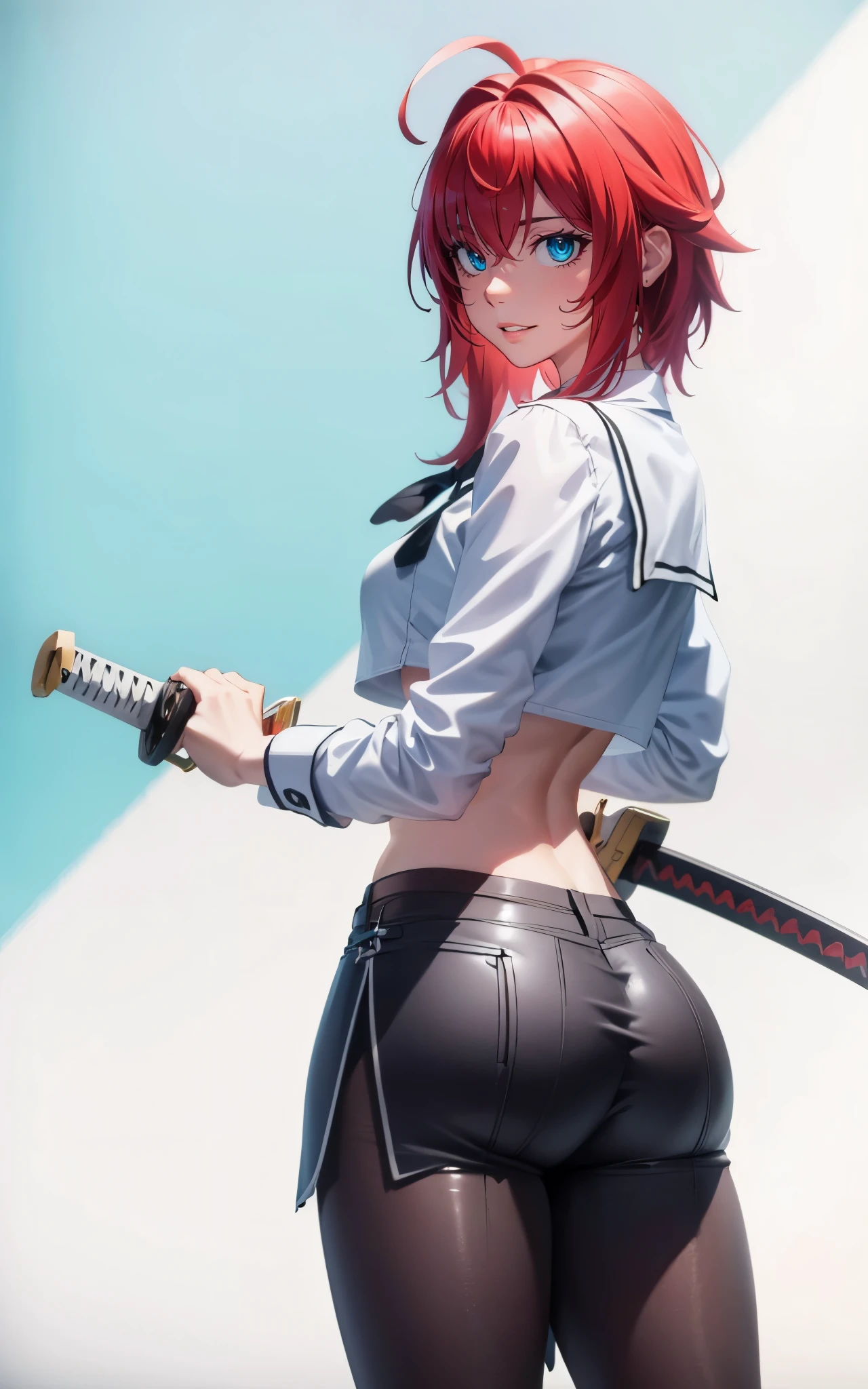 RiasGremory, red hair, long hair, blue eyes, ahoge, anatomically correct, (shaded face:1.2), hollow eyes, blue eyes, looking at viewer, heavy breathing, smirk, upper teeth, lips, white serafuku, double-breasted, crop top, white skirt, white pantyhose, 1girl, ass, sword, weapon, looking_at_viewer, looking_back, solo, breasts, lips, katana, "glow effects, godrays, Hand drawn, render, 8k, octane render, cinema 4d, blender, dark, atmospheric 4k ultra detailed, cinematic, Sharp focus, big depth of field, Masterpiece, colors, 3d octane render, 4k, concept art, trending on artstation, hyperrealistic, Vivid colors, extremely detailed CG unity 8k wallpaper, trending on CGSociety, Intricate, High Detail, dramatic"