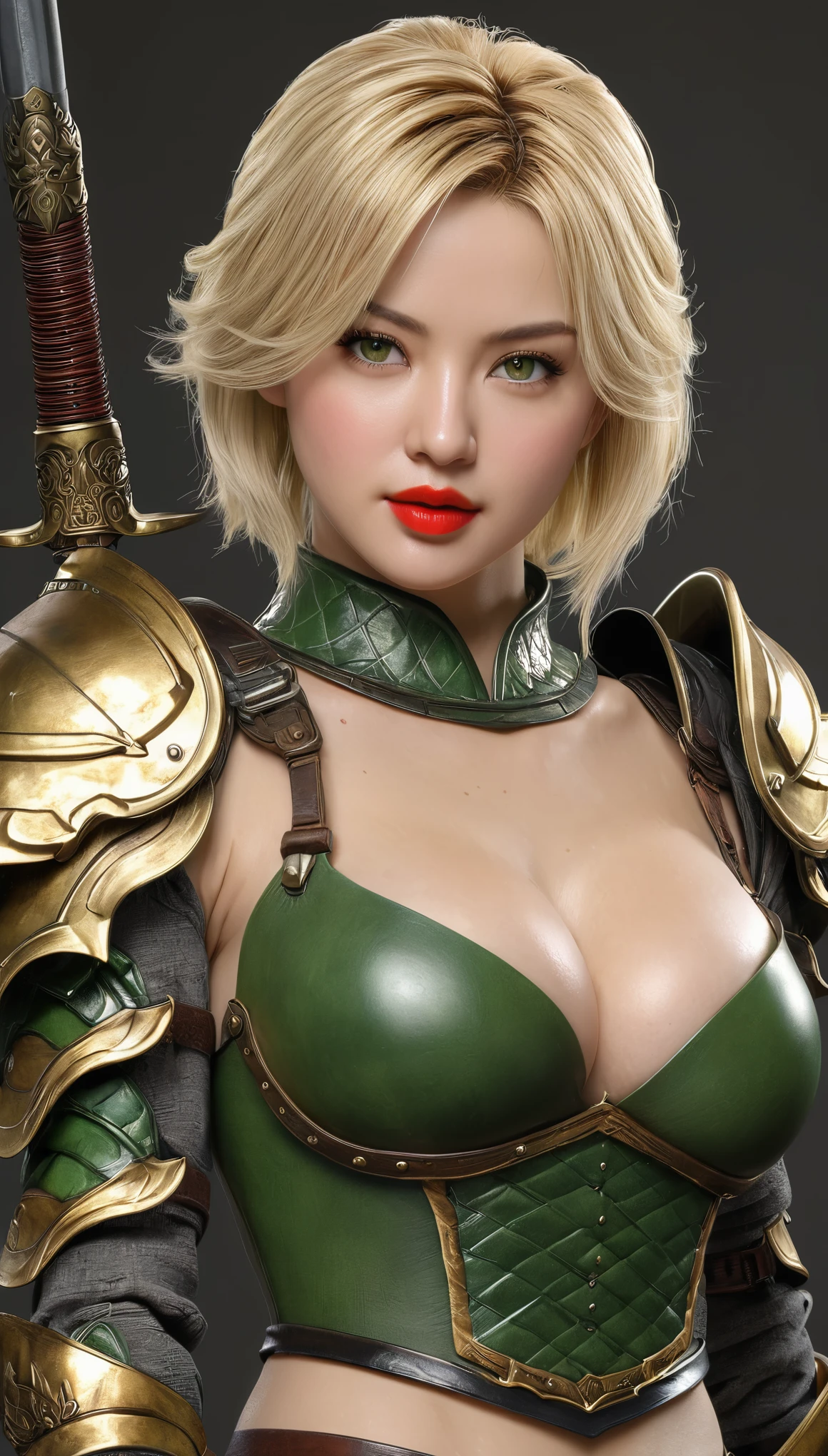 (((hyper real)))、(Amazon Female Warrior)、
Beautiful woman　High level image quality　High resolution　realistic　short hair　blonde mature、middle-aged women、((big big tits))　Fine skin texture、超High resolution、realistic、plump body shape、((中年のBeautiful woman))、beautiful expression 、fine green eyes、blonde hair、３５Amazon Female Warrior、big cleavage、big ass、bright red lips、(simple clothes)and(Wearing simple armor)、(i have a weapon)、