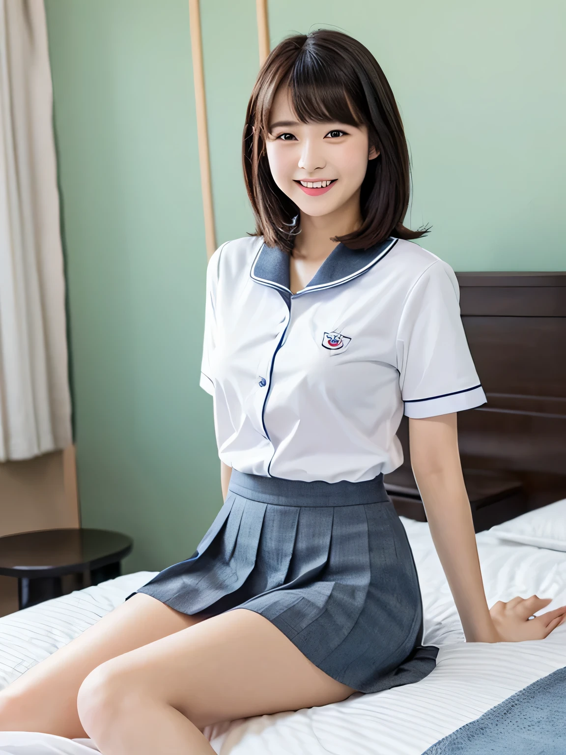 A very cute face like a 15-year-old idol Smiling Kindly School uniform She is lifting her skirt to show her panties Whole body Medium size bust bedroom night Hotel Bed RAW Photos Genuine Real High definition