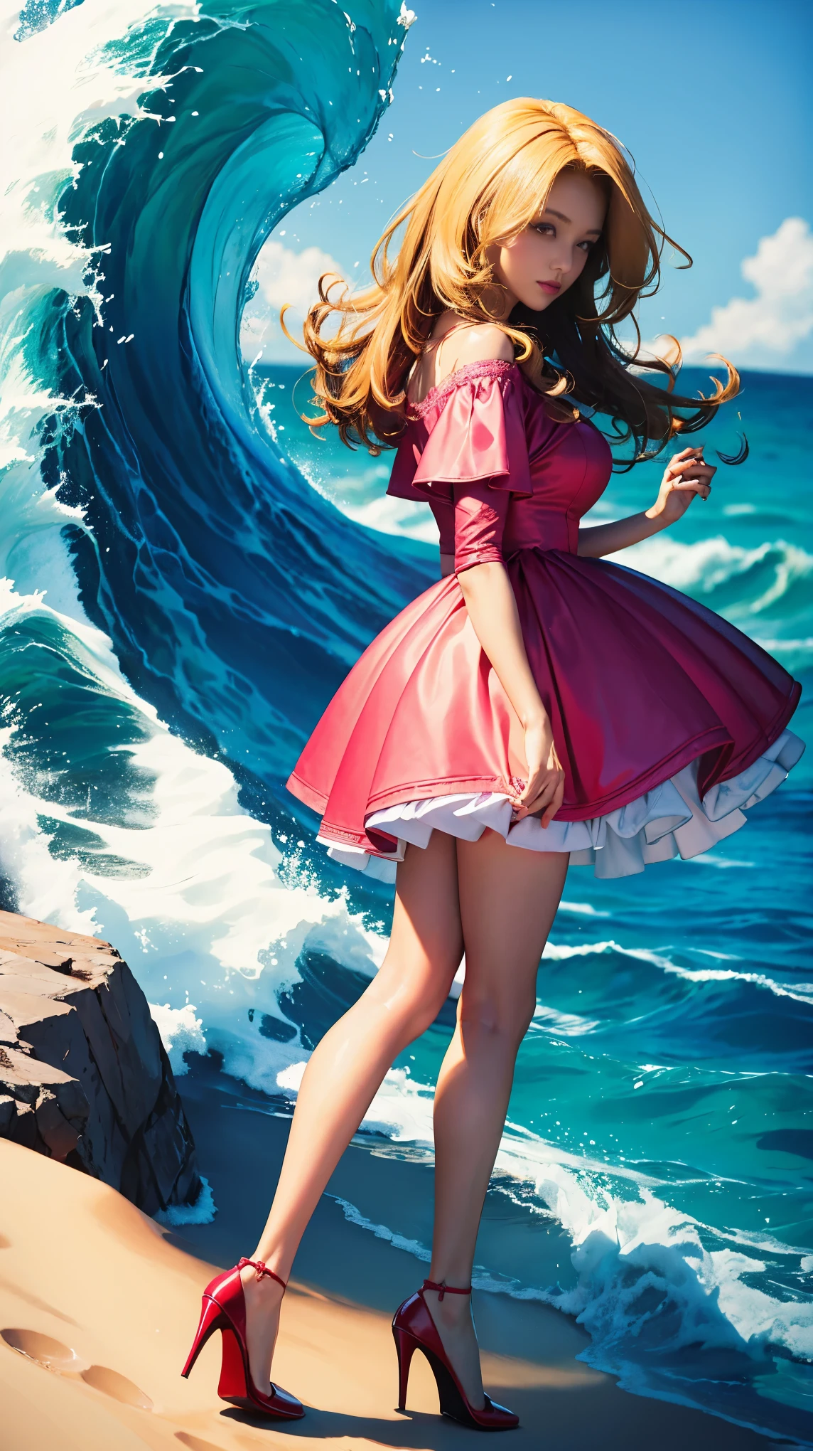 highest quality,masterpiece,ultra high resolution,(actual:1.4),original photo,ultra high resolution,8K,there is a woman,Fair skin,exquisite makeup,big waves,pink dress:1.5,high heels,long legs,bright and beautiful,high waist,Fancy makeup with red eyeshadow,