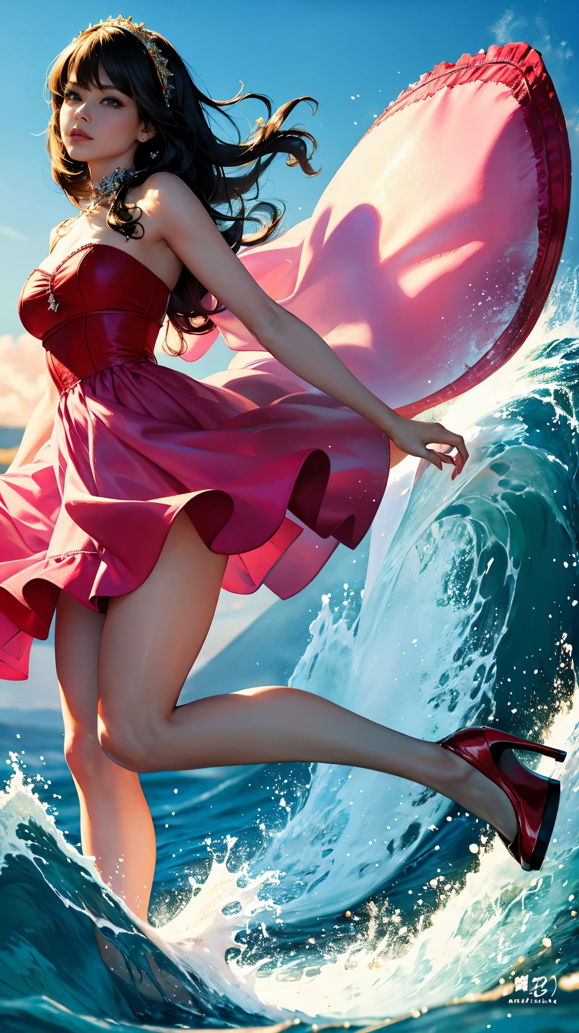 highest quality,masterpiece,Ultra-high resolution,(Actual:1.4),Original photo,Ultra-high resolution,8k,There are women,Fair skin,Exquisite makeup,Big waves of red lips,Red dress,High heels,Long legs,Bright and beautiful
