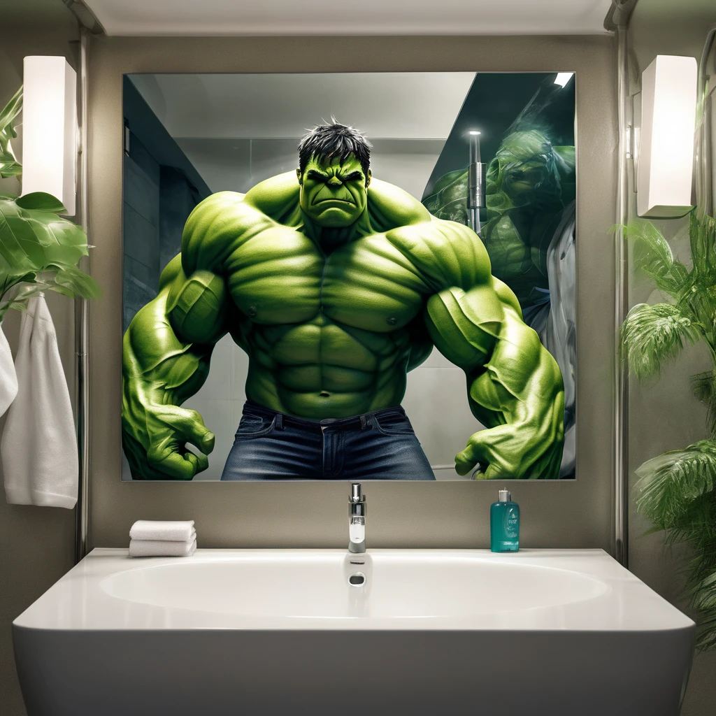 (best quality,4k,8k,highres,masterpiece:1.2),ultra-detailed,(realistic,photorealistic,photo-realistic:1.37),Marvel's The incredible hulk taking a selfie in a large bathroom mirror,illustration,reflection of Hulk's muscular back in the mirror,glistening droplets of water on the Hulk's green skin,steam rising from the hot shower,brightly lit bathroom with modern fixtures,shiny porcelain sink and countertop,overhead mirror affixed to the wall with silver frame and LED lights,clean and spacious environment,imposing figure of the Hulk,posing confidently with an extended arm and holding a smartphone,cracked tiles on the floor,interactive expression of Hulk's face,expressing happiness and excitement,rippling muscles on the Hulk's arms and shoulders,impressive physique,graffiti art on the walls,decorative plants adding a touch of greenery,modern and sleek design of the bathroom,perfectly captured selfie moment,attention to detail on Hulk's facial features and expressions,moisture in the air creating a misty ambiance,subtle reflections in the mirror,luxurious and extravagant atmosphere,vibrant colors highlighting the Hulk's bold appearance,superhero-themed wallpaper on one of the walls,crisp and precise focus on the Hulk's face and body,striking contrast between the Hulk's green skin and the white bathroom fixtures,professional-grade camera used to capture the selfie,creating a sense of power and strength in the image,immersive artistry portraying the Hulk's larger-than-life presence,meticulously drawn attention to the intricate details of the Hulk's selfie,enhanced contrast and saturation to bring out the vibrant colors,authentic and engaging depiction of the Hulk's persona.