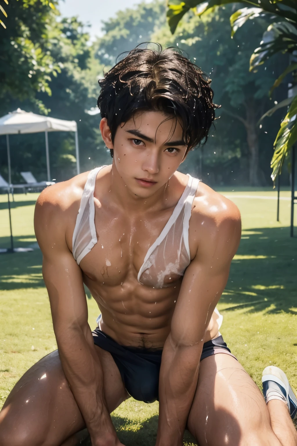 SWEATY BODY, Front light, wet thong, The sun shone on front off his face and body, Very wet body, sweating, Wearing SLEEVELESS T-SHIRT, pulling off HIS SHIRT exposing his sexy chest, Very hot sunny day, Fluffy chest, pink nipple, Curly hair , BLUSHING, SHY EXPRESION, blushing face, kneeling, on the sport field, seducing, just Wearing wet white Tiny thong exposing his big bulge, very wet body, Hairy stomatch, very hairy abs, Very bushy hairy armpits, hairy pubic, hairy crotch, Super Realistic photography, PROUDLY SHOWING OFF HIS sexy body, Cute exposing his sexy nipple, DETAILED, Very wet body, showing off his very sweaty hairy armpits, Slim fit body, teen, very cute boy face, 21 years old boy, Very young teenager, Very big hard dick, sweat covering all over the body, Sweat dripping all over the body, Proudly showing off his sweaty very hairy armpits to audience, The colors are bright and vibrant, enchancing the overall aesthetic, casting a soft glow on the front face and front body, don't merge body's, detailed eyes and lips, sixpack and fit body. Image quality is of the highest standard, with ultra-detailed features and a realistic appearance.