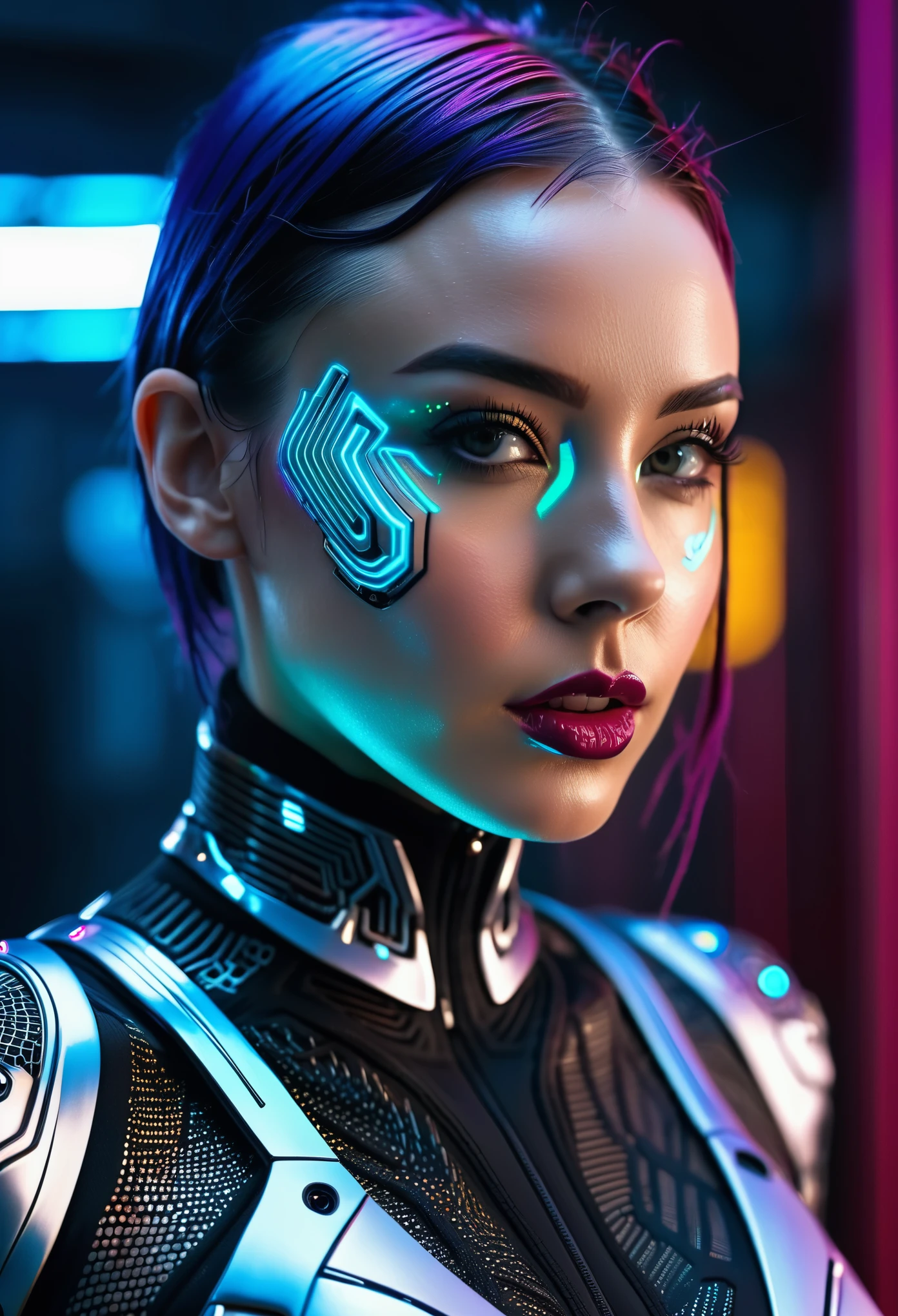 extremely detailed photo of a woman, loraelizabeth, cyberpunk, futuristic, cyberpunk bodysuit, 8k uhd, RAW photography, model photoshoot, detailed skin, skin imperfections