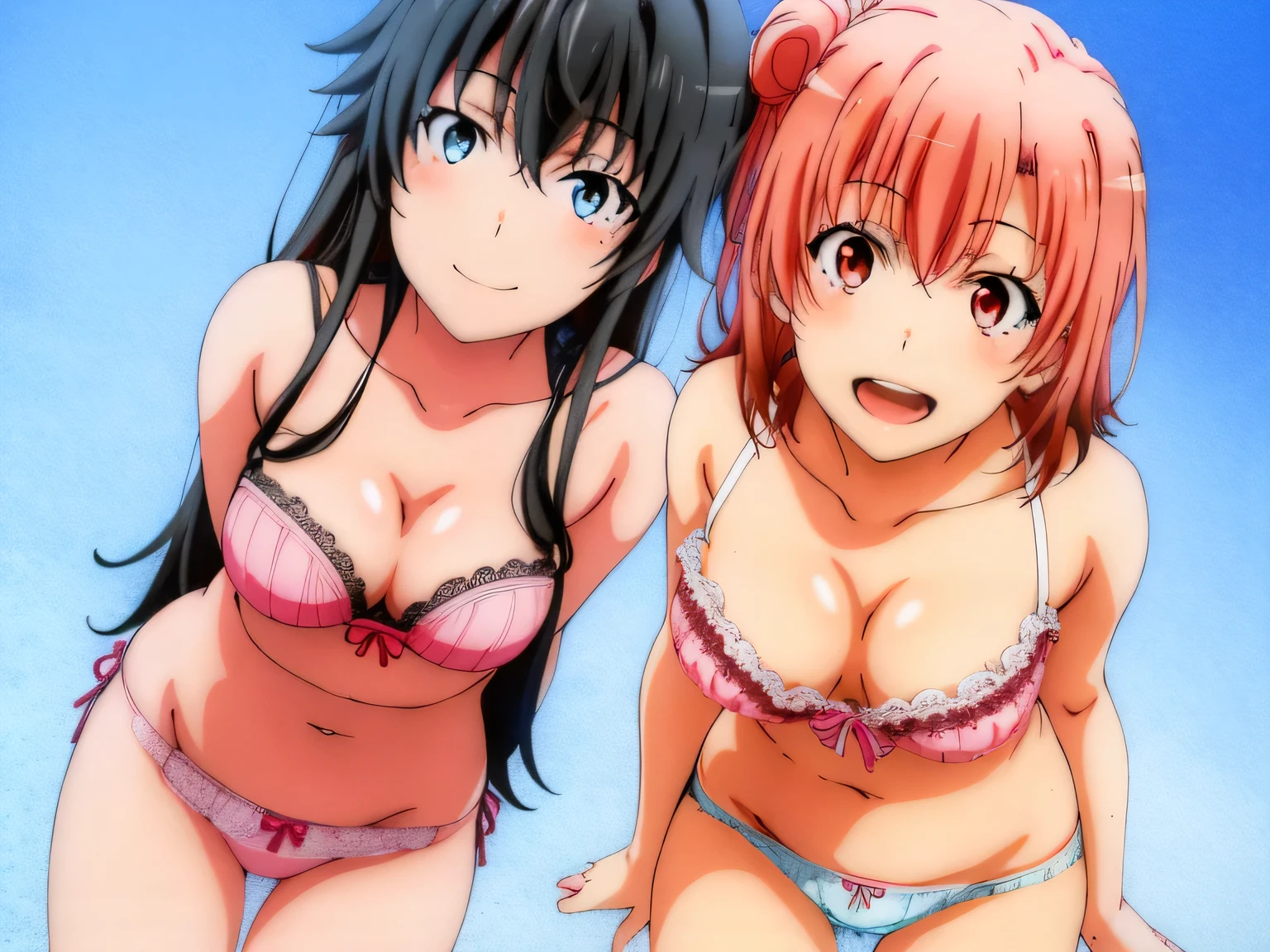 2 girls , (Yukinoshita Yukino), (yuigahama yui'bust and thighs are great),In underwear,they have their hands behind their backs,good,belly button,(white panties),(pink panties),(thighs),knees,((high angle)),(beautiful eyes),looking at the camera,open your mouth,smile,Insert your head