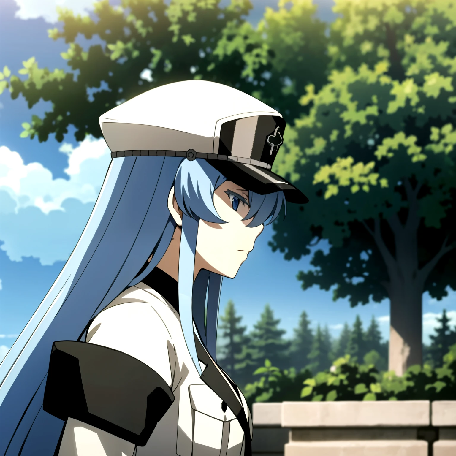 esdeath, senos, grande_senos, tiene, escote, al aire libre, cielo, nube, uniform, de_side, tree, militar, militar_uniform, perfil, puntiagudo_gorra, sad