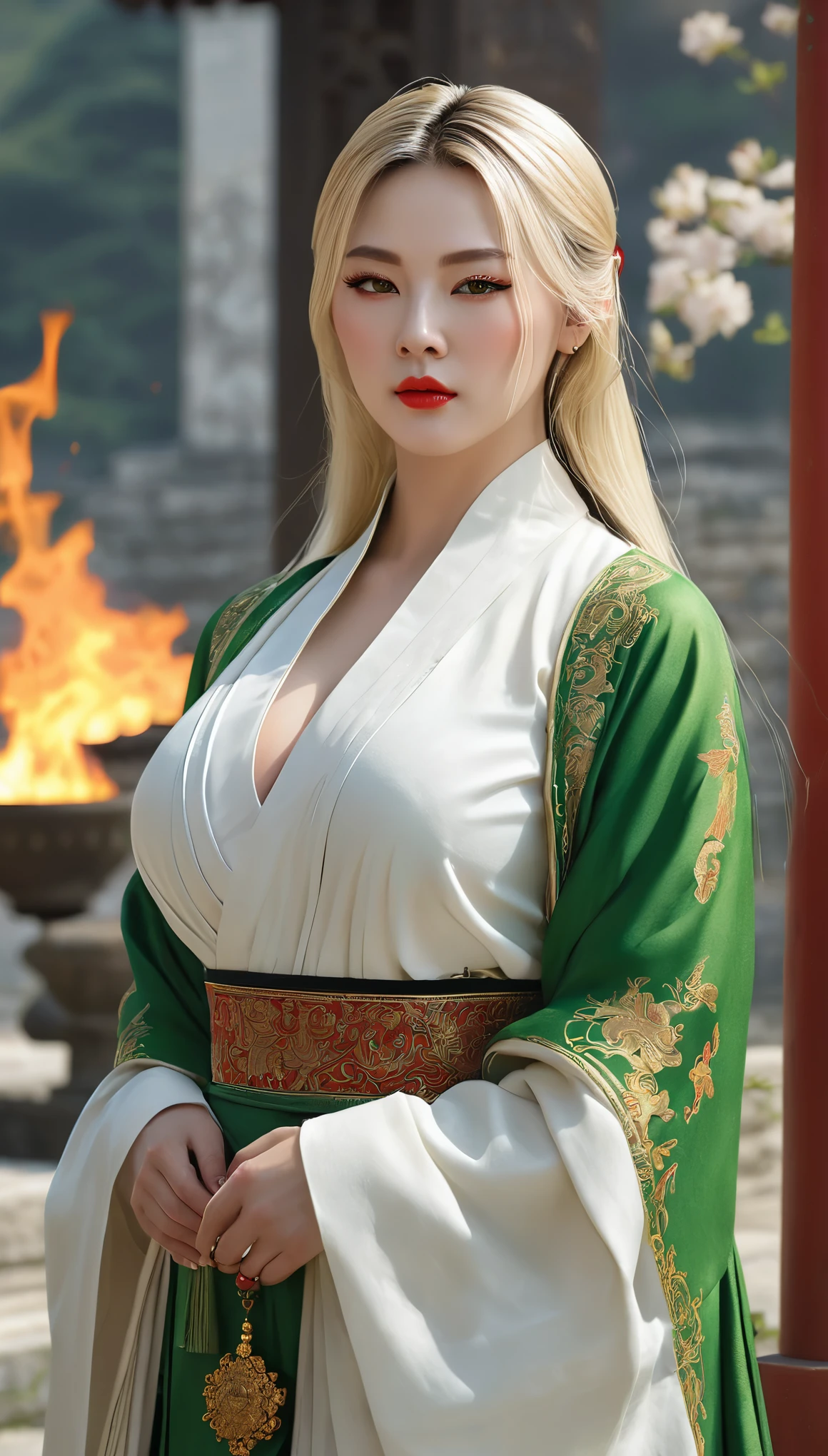 (((Hyper Real)))、(((A 30-year-old white female monk from ancient Europe)))、(((Beautiful female priest))) Mature middle-aged woman、((Big big boobs)) 、Fine skin、Beautiful plump middle-aged woman、(Fine green eyes)、Blonde fluffy long hair、{(Ancient ornate and luxurious temple)、(Many torches are burning)}、(((Big cleavage)))、Big Ass、Red lips、(((luxurious costumes and luxurious accessories)))、