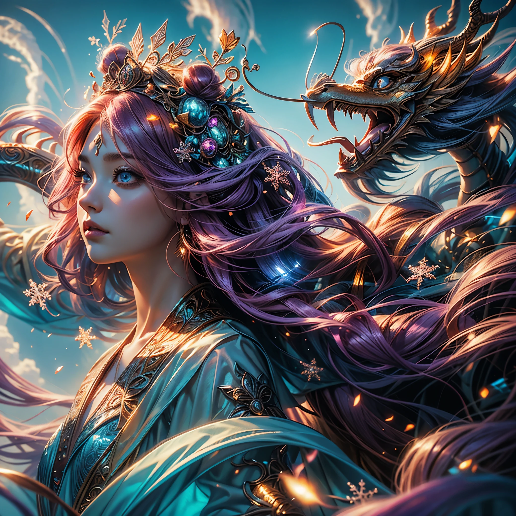 32K(tmasterpiece,k hd,hyper HD,32K)Purple-pink flowing hair,Gold jewelry area in the back room,King Girl ,Rusty Copper Dragon Protector (realisticlying:1.4),Python pattern robe,Purple-pink tiara,Snowflakes fluttering,The background is pure,Hold your head high,Be proud,The nostrils look at people, A high resolution, the detail, RAW photogr, Sharp Re, Nikon D850 Film Stock Photo by Jefferies Lee 4 Kodak Portra 400 Camera F1.6 shots, Rich colors, ultra-realistic vivid textures, Dramatic lighting, Unreal Engine Art Station Trend, cinestir 800,Hold your head high,Be proud,The nostrils look at people,Tsundere,Snowflakes fluttering,Snowflakes fluttering,Snowflakes fluttering,Snowflakes fluttering,Impeccable,( reasonable design, Clear lines, High sharpness,Best quality, Very detailed, Masterpiece, offcial art, movie light effect, 4K )