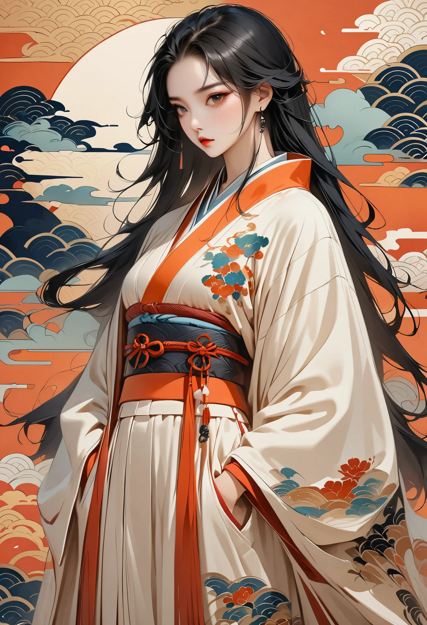 ((Extremely detailed CG unit 8k wallpaper, ​Masterpiece, high resolution, top quality, top qualityのリアルテクスチャスキン)), (a very beautiful woman,  upper part of body, hands in pockets:1.5, Japanese style short outer box:1.2, hooded cloak，Pants), (A black-haired one, messy hair, white skinned), ((Colored background design, Japanese pattern background, warm color)), (Surreal, Digital painting),