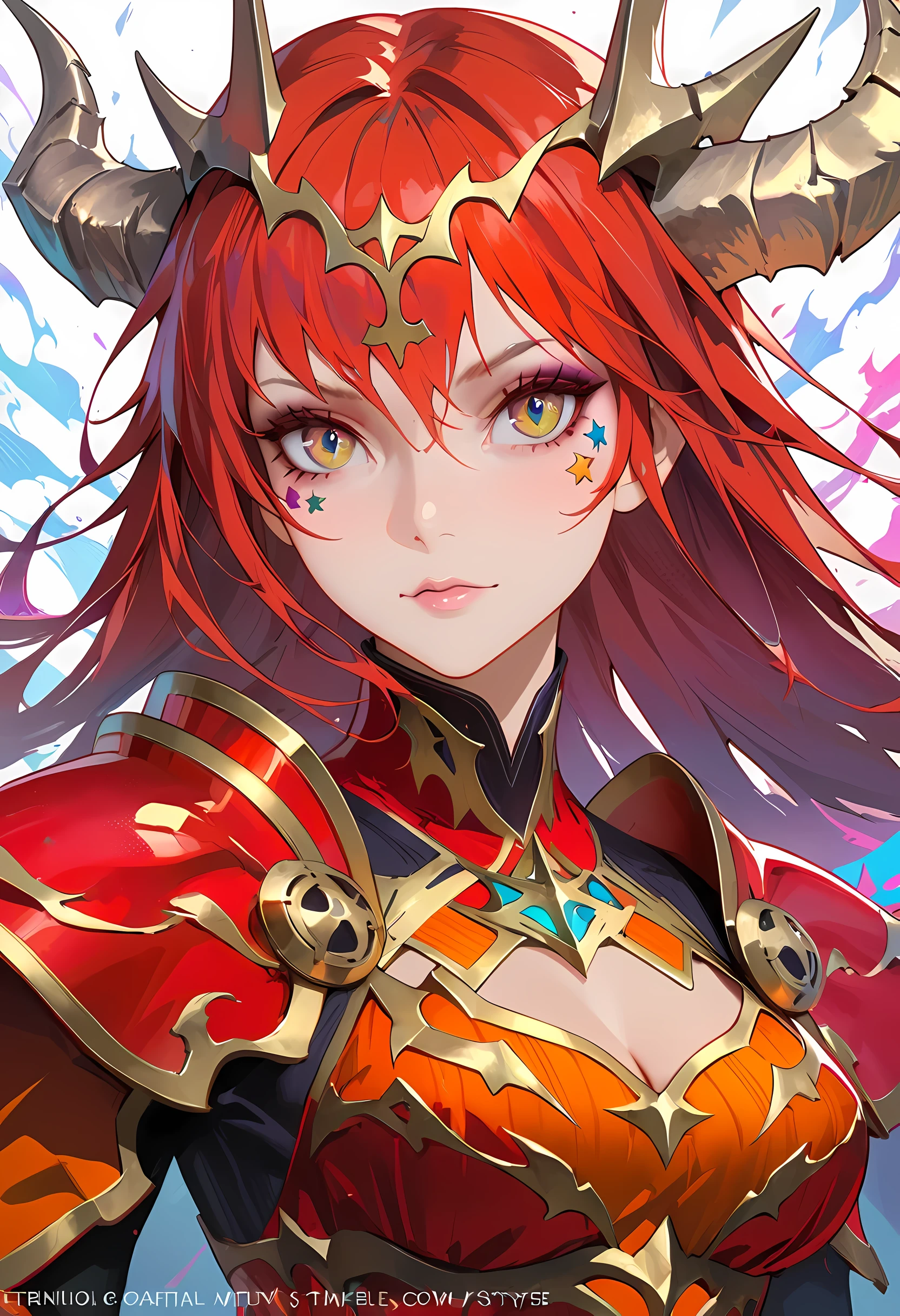 fantasy art style, colorful, Vibrant fantasy style, cosmic and colorful, guweiz, colorful digital fantasy art, Stunning art style, Beautiful anime style masterpiece, best quality, Detailed face, character design sheet，Perfect proportion，Full body female love，full of details, Various poses and expressions, Very detailed, Beautiful paladin girl，Red hair，dragon horn，Intense burning，Flame armor，bride，surrounded by flames，Star decoration，lace，lace up pantyhose, high balance,Natural light