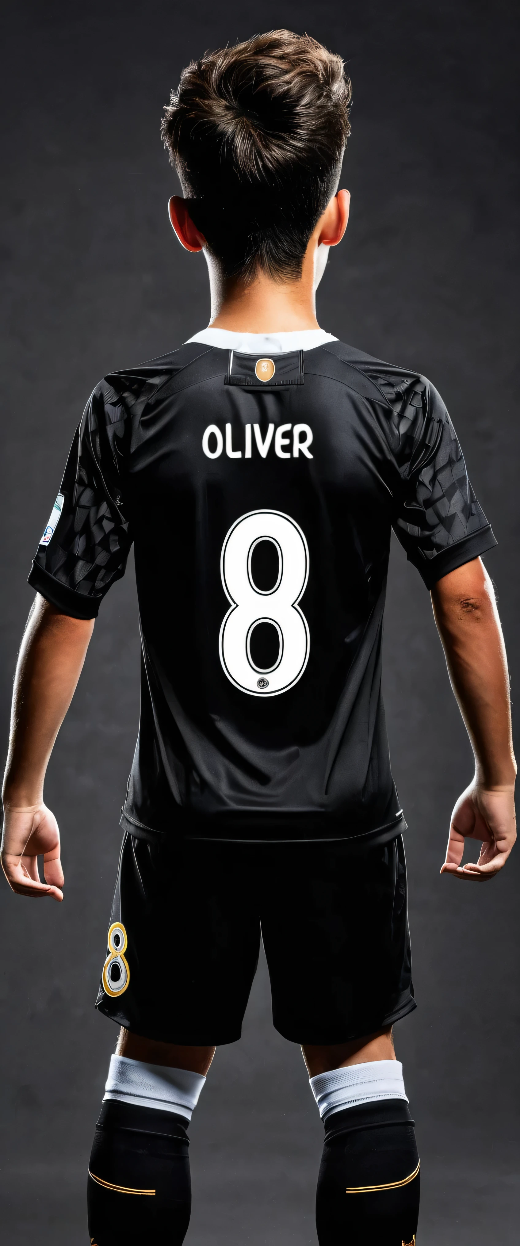 Crie um jogador de futebol vestido todo de preto ,his name is oliver number 8 he has his back to the image,  Eu posso&#39;I can not see your face 