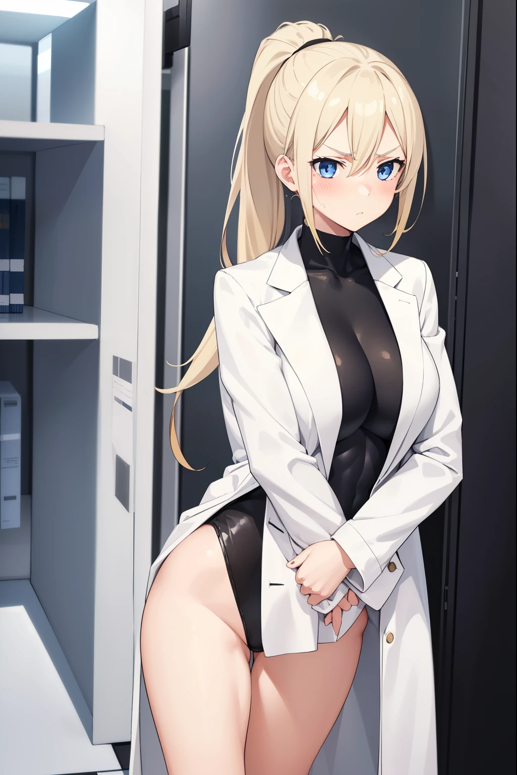 1 girl,blonde,ponytail,blue eyes,big breasts,serious face,white coat over black leotard,barefoot,blush,Research room,night,Are standing,A man wearing a white coat hugs me from behind.