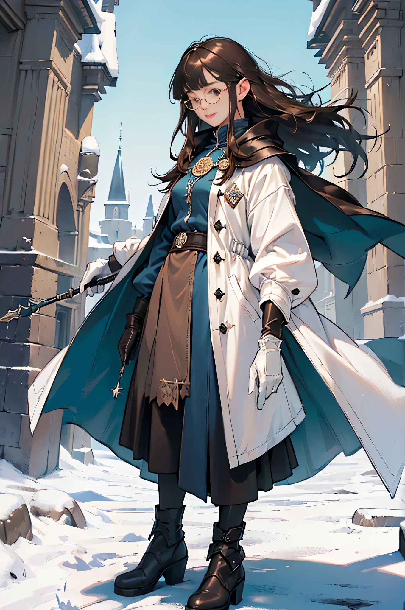 (((((girl))))), masterpiece, super detailed, 8K portrait, Raw photo, female portrait photography, full body, Highly detailed smile, ((fantasy)), (((hobbit))), ((adult)), 45 years old, 110cm, (((Alchemist))), ((sunburned skin)), (((Greenish dark brown long straight hair))), (((dull bangs))), (((long distant cloak of dark blue silk))) fluttering in the wind, (((white inner coat))), long skirt, leather gloves, (((round glasses))), (((has a cane))), midday sun, surreal, slender body, By the snowy castle, environmental lighting, shadow details, focus the camera on the face, strong wind, light fog