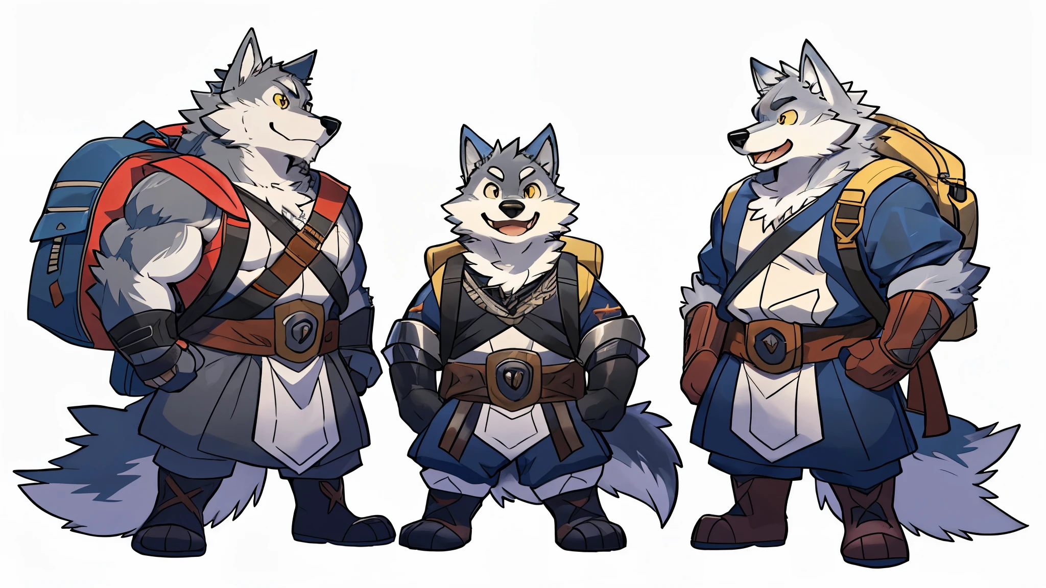 (dynamic pose:1.6), (ultra detailed), sharp focus, niji, eyesgod, furry, (gray-black fur:1.5), white beard, anthro (wolf), male, middle-aged, white belly, tail, muscular, ((knight costume, long red cherry cloak)), ultra detailed face, high details, high quality, (best quality,4k,8k,highres,masterpiece:1.2),vivid colors, (close up:1.2), by takemoto arashi, by kamyuel, by milkytiger1145, by 69panda,dynamic lighting,(enchanted detail of colors), 8k wallpaper, anime illustration style, soft lighting, positive vibes, (((cute))),(groupshot:0.5), laughing, happy, joyful, ((four cartoon anthro(wolf) lined up with backpacks on their backs:1.5)), (line up:1.3), (side view:1.2), as adventurer, concept art by disney, Official illustration, soft lighting