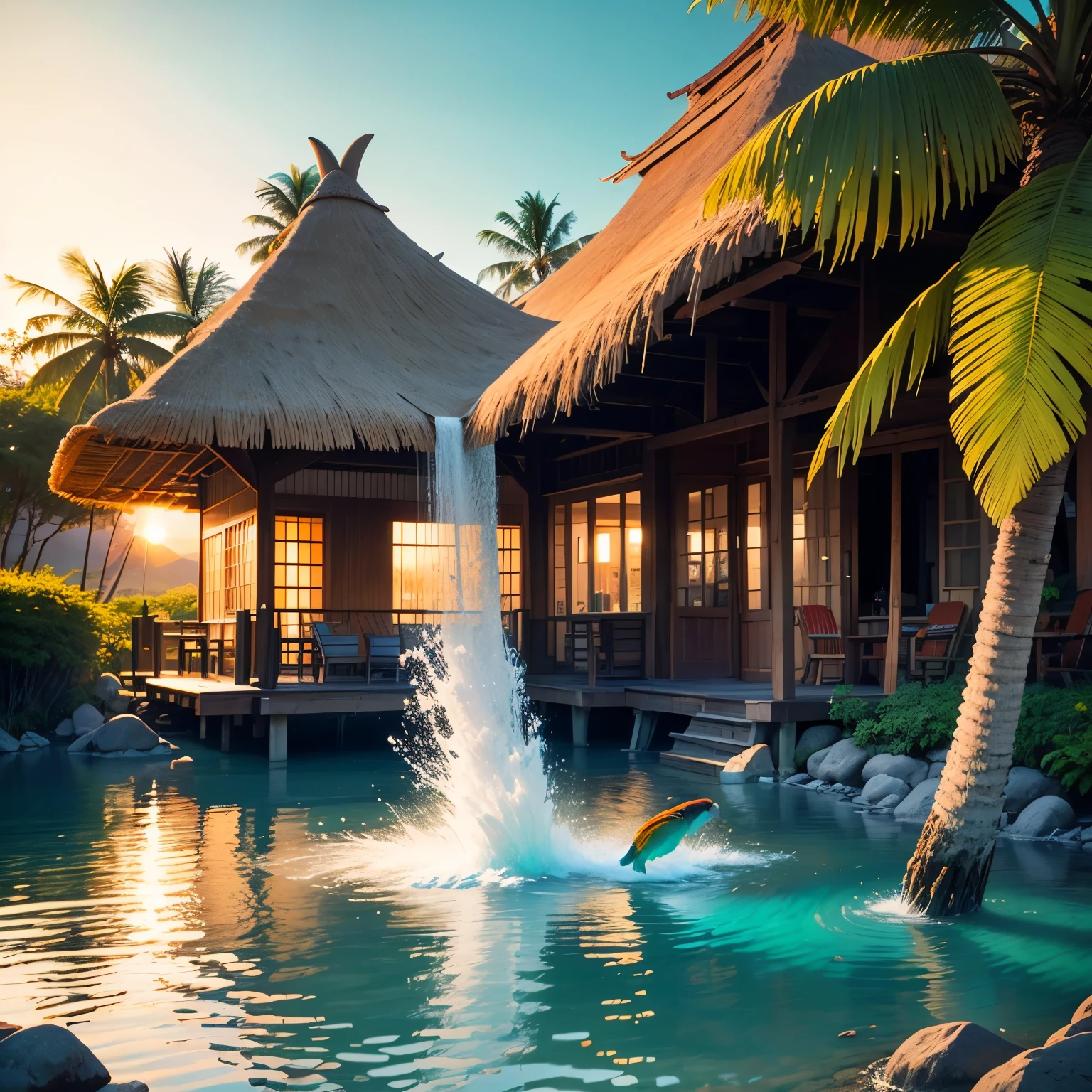 A painting depicting a paradise-like environment on a tropical island, White sandy beaches and clear turquoise waters.
expensive, Thin palm trees line the shore, swaying in the wind.
thatched hut by the sea, with hammock, enchanting relaxation.
wide variety of exotic animals, colorful parrots on the tree々It's like flying between,dolphin jumping in the waves.
lush tropical flowers々,brightly colored, Also includes orchids, hibiscus and bromeliad.
stunning waterfall, Water falls into a lake surrounded by dense vegetation.
people who enjoy the outdoors, How to dive, Surfing and yoga on the beach.
The setting sun dyes the sky a soft orange color, Pink and Gold, reflected in the calm water surface.
A sense of living in harmony with nature, Creates a relaxing and rejuvenating atmosphere.
fine texture details, like soft sand under my feet, Vivid bird feathers and waterfall drops.
Rich and bright color palette, Highlights the natural beauty and vibrancy of a tropical environment。.