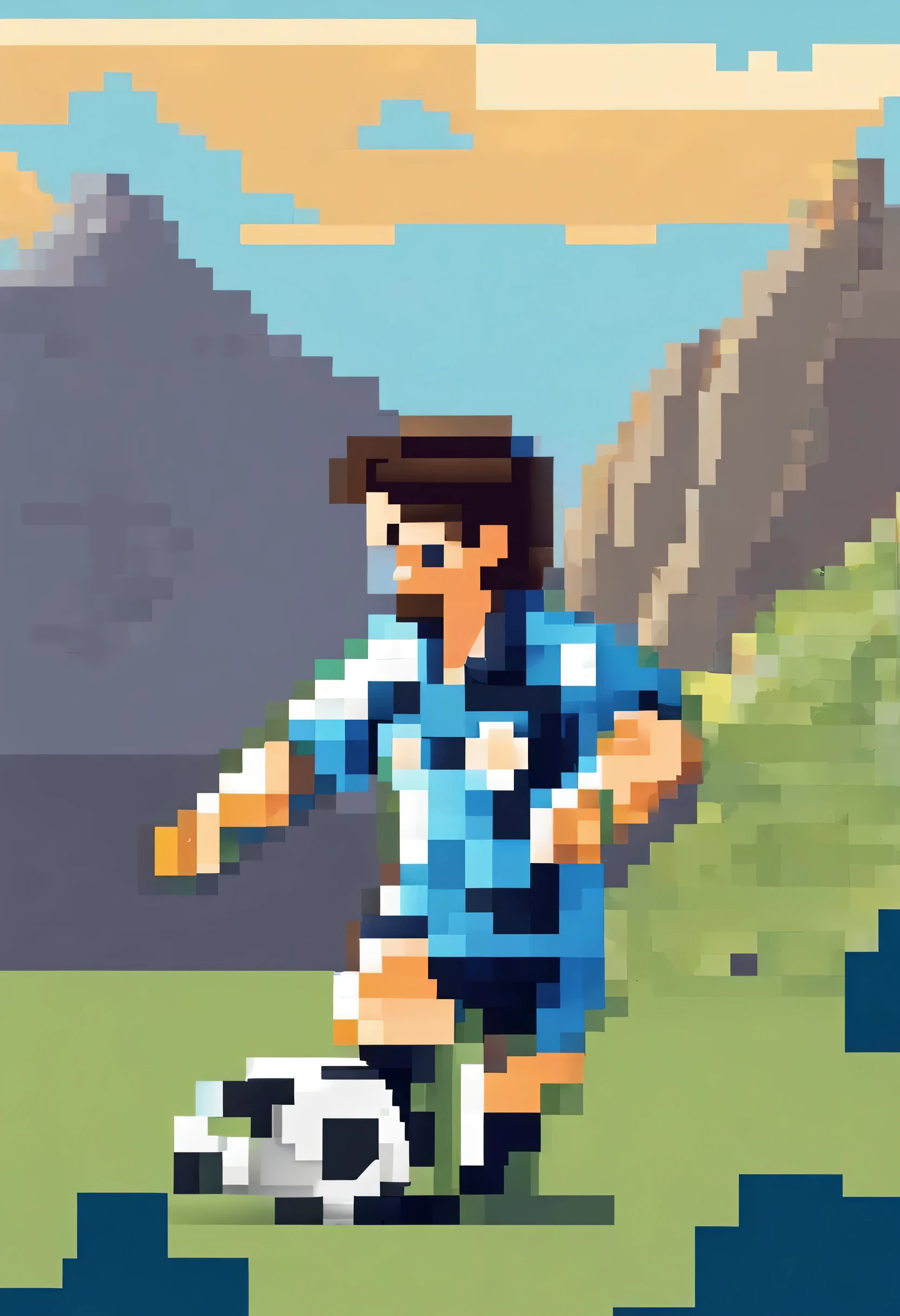 Uruguayan soccer player with a light blue shirt playing on top of a mountain 