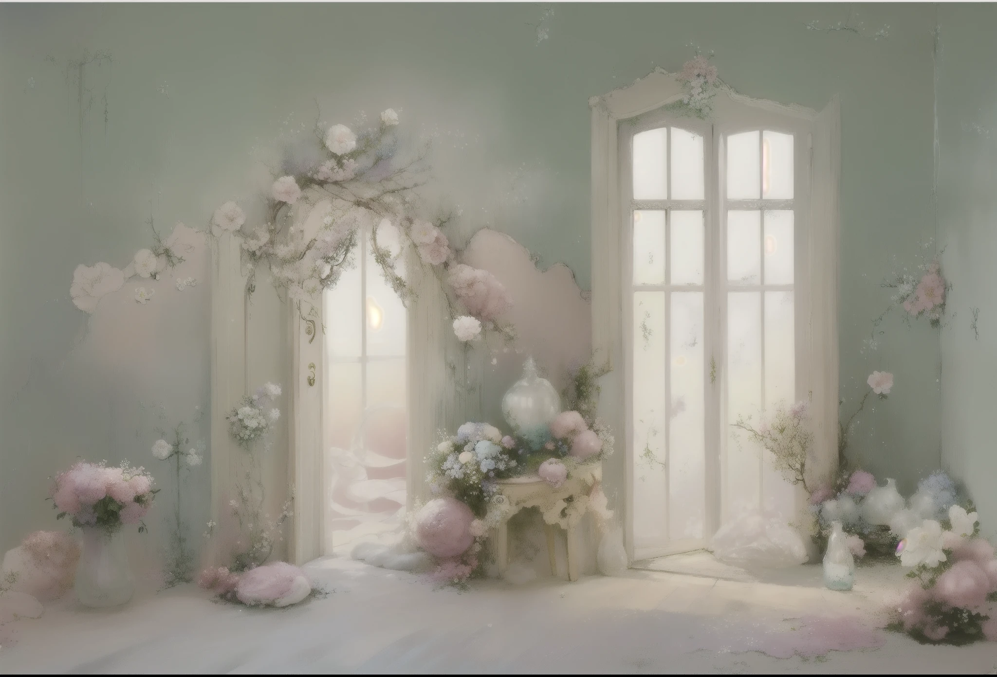 have a room,There are many flowers and a door, Dreamy and detailed, Very magical and dreamy, Ethereal and dreamy theme, pastel colors, Dream scene, Ethereal fairy tale, Dreamy and ethereal, fantastically pastel colors, Shanzhai Core!!, dream aesthetics, lovely pastel colors, light color, fantasy style, Fantastic atmosphere and drama, pastel style painting