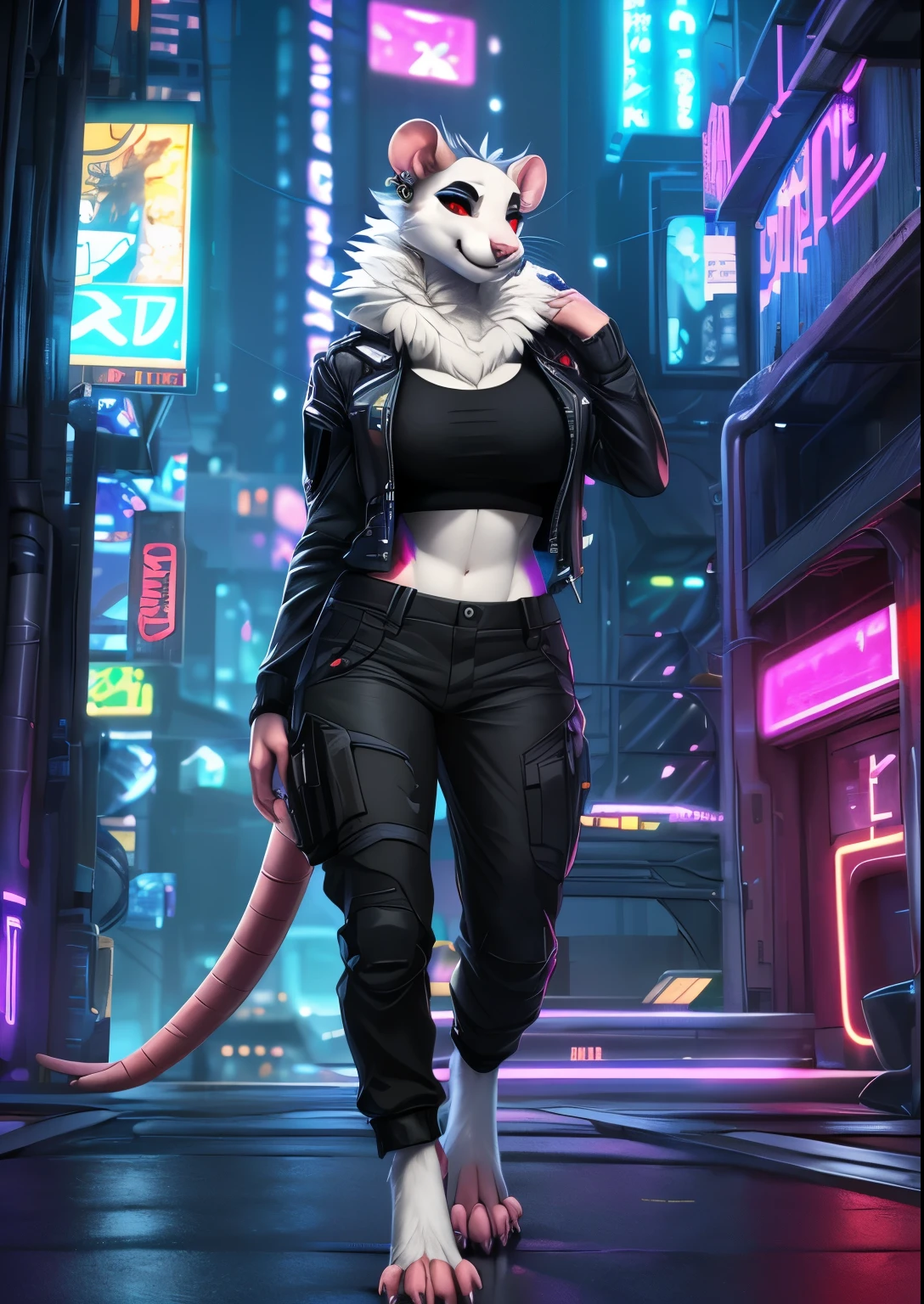 uploaded on e621, (by Wildering, by fluff-kevlar, by aycee), solo, female opossum, anthropomorphic opossum, neck tuft, hip tuft, leg tuft, big tail, red eyes, clear eyes, left ear piercing)), (((fur colors of black and white))), (full body portrait), (masterpiece), (best quality), (anthro furry:1.3, snout:1.2, anthro:1.3, furry:1.2, solo female:1.2), (thick figure, curvy figure), (wide hips), (extremely thick thighs), (huge breasts, perky breasts), sexy pose, suggestive pose), (((Rodent))) BREAK (((sexy cyberpunk outfit, cropped unzipped jacket with small top, cropped tactical pants that are torn and patched, digitigrade feet))), (cyberpunk city background at night, depth of field, neon lights, ambient light on the body), (intricate:0.7), (high detail:1.3), (unreal engine:1.3), (sharp focus:1.15), [???????? content, ????????????????????], (masterpiece, best quality, 4k, 2k, shaded, absurd res)