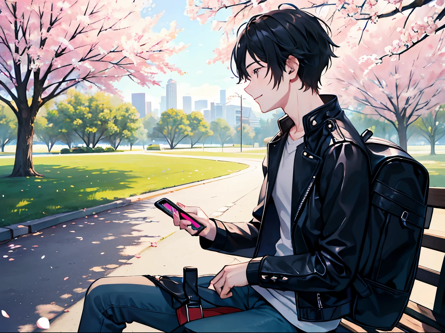 young man looking up at cherry tree、smiling、profile、garden、sitting on the bench、Wearing a black leather jacket、black hair、1 male、putting things in backpack