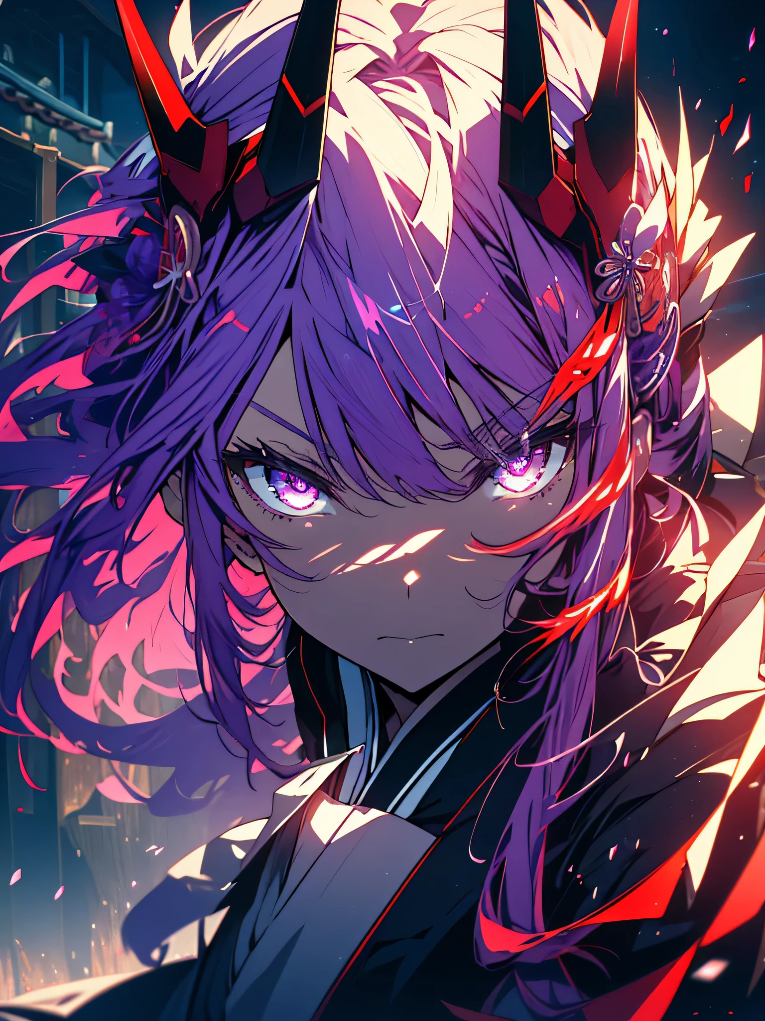 (8K, highest quality, masterpiece, ultra high resolution: 1.2),(shining eyes、detailed beautiful face),and they toot the horn,(1 girl) ,red-purple eyes,kimono,Japanese style room,Dark Japanese worldview,whole body,blue-purple flame effect,beautiful anime