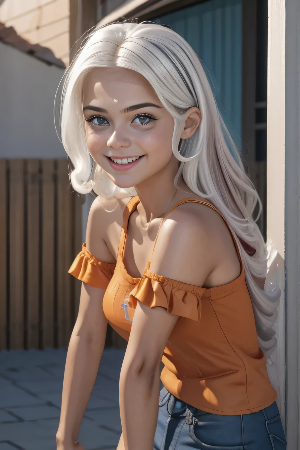 (La mejor calidad, 4k, 8K, Altas Resoluciones, obra maestra:1.2), ultra detallado, Cara detallada, Labios y ojos detallados..........., lindo maquillaje , aspecto atractivo, Rostro expresivo, realista,
QUEBRAR L ,Beautiful Caucasian woman with shoulder length messy wavy white hair, , Modelo adolescente , Grandes ojos azules, piel clara, Slim and athletic
QUEBRAR , (dynamic pose), Luz solar suave iluminando la escena, Sutil movimiento del viento en el cabello, joyful expression, gloomy atmosphere, Suave, Natural lighting that highlights your features..........., Subtle shadows that add depth and dimension to the image............, (joven) lleva una camiseta naranja , falda azul , small breasts , Abeja , linda chica , cabello plateado , gran sonrisa
