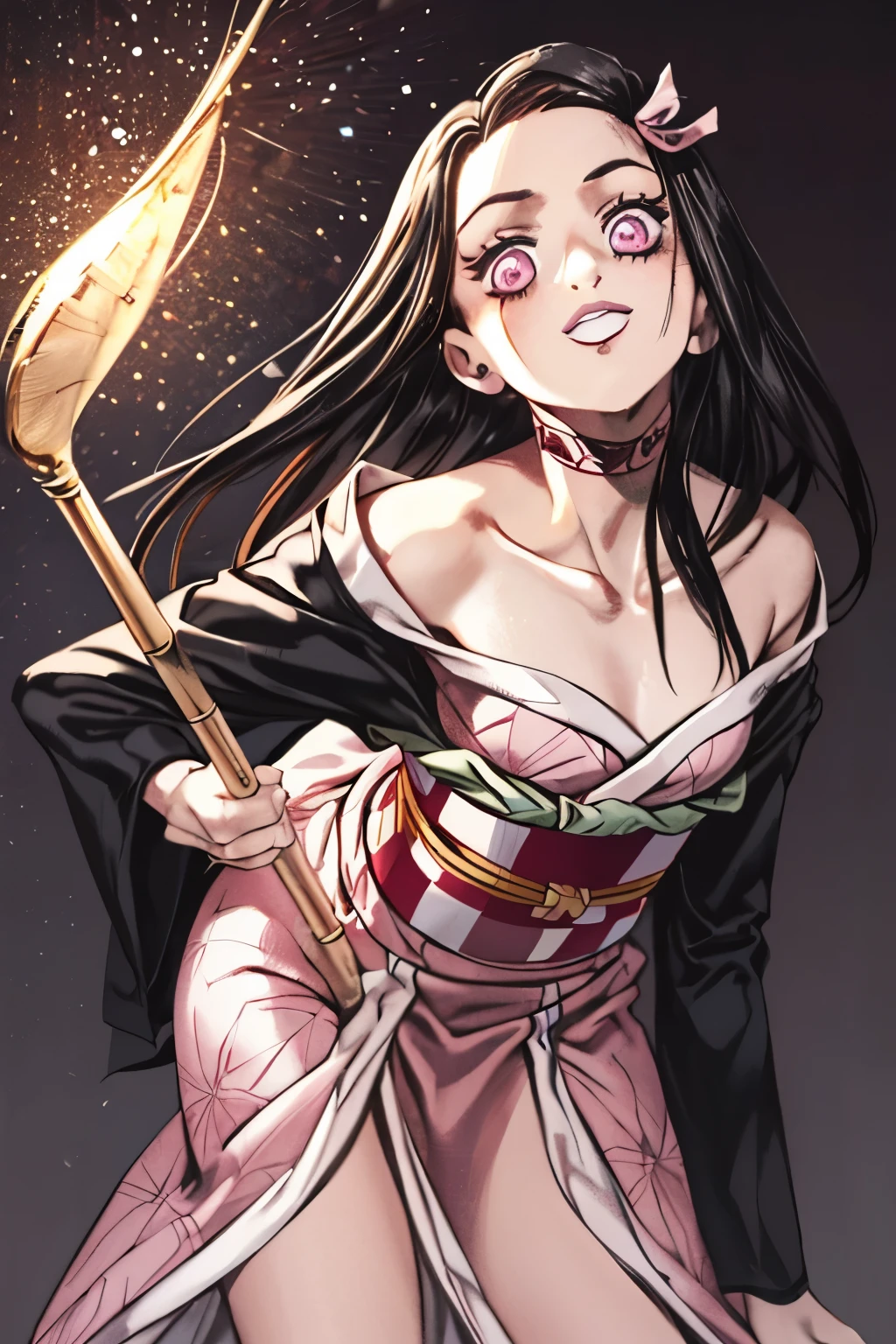 masterpiece, highest quality, 8K, ultra high resolution, highest quality, anime style, best writing, beautiful face, masterpiece, (pink eyes:1.3), (pink kimono), attractive face, good lighting, low cut, small details, masterpiece, shining eyes, 1 girl, black hair, gag, bamboo, Nezuko Kamado, beautiful background, masterpiece, highest quality, throw, cowboy shot, leaning forward, put your hands behind your back, best smile, beautiful makeup, (charming eyes:1.3)