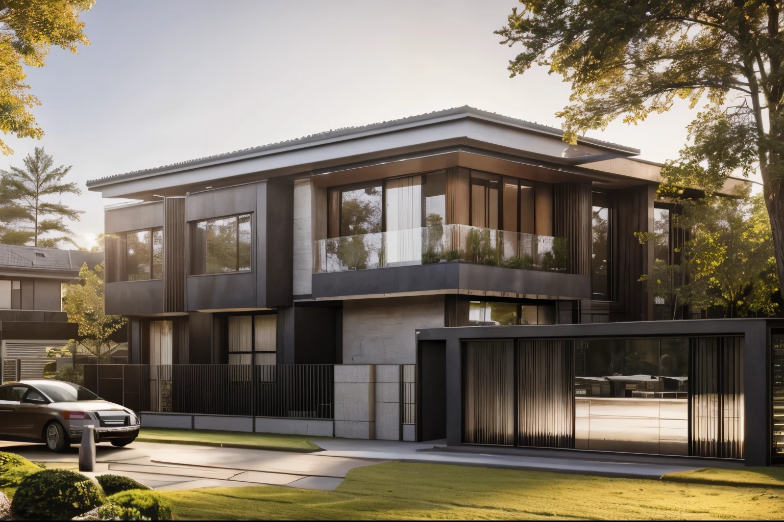 the exterior of the house; garden landscape, daytime, realistic, wide angle, (( render vray )), day, sunlight, European plants, render, spring light, detailed, modern style, clear image, glasses, high reflection, RAW photo, (high detailed skin:1.2), 8k UHD, DSLR, soft lighting, high quality, film grain, Fujifilm XT3, ((super realistic photo))