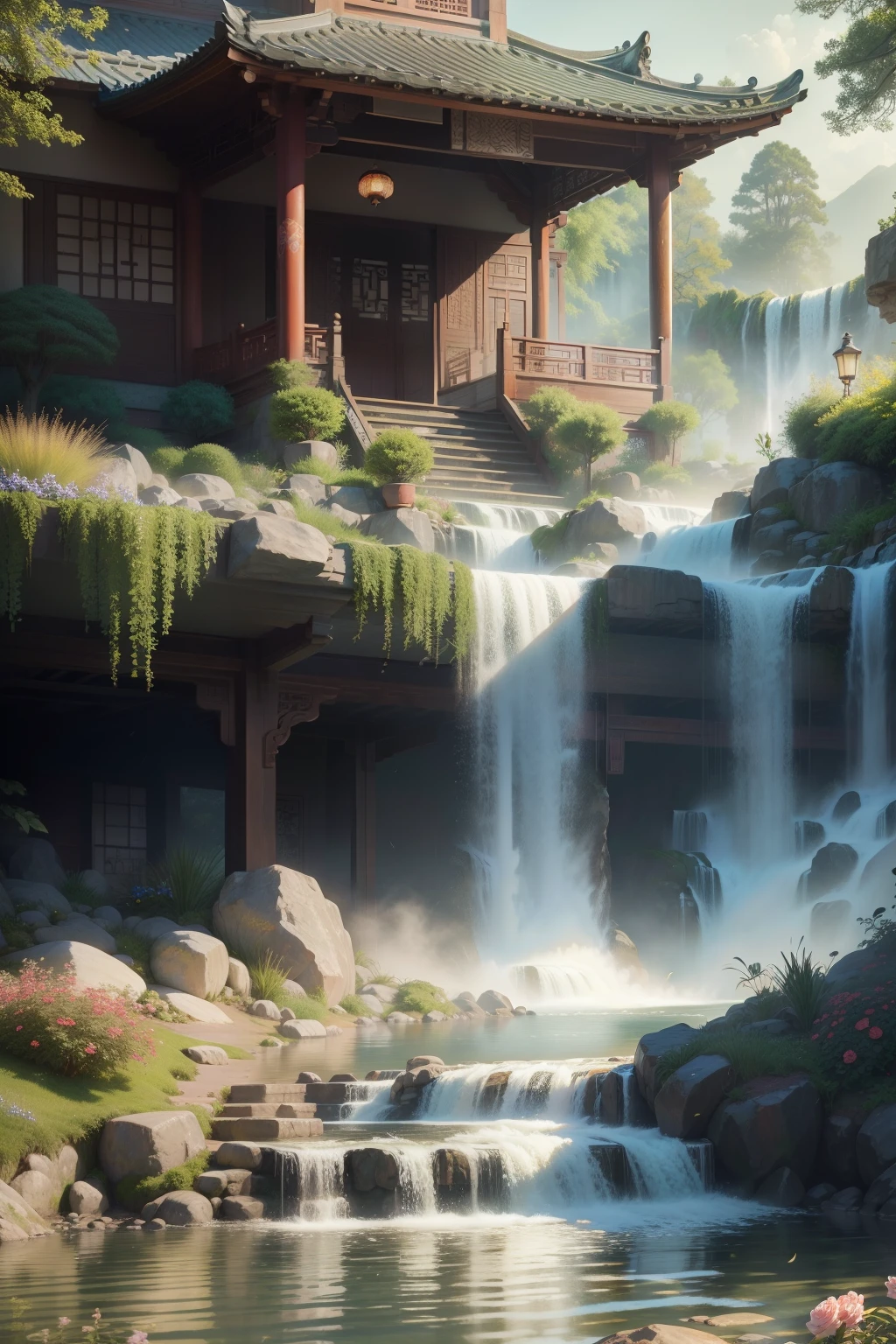 lakeside, ((waterfall)), Chinese Mansion (Chinese Mansion), Small rivers, Western-style garden, Decorated with flowers,rich in detail, A fusion of classic and modern, Sonoko, Traditional Elements, Raining,Modern design, coast, Luxury, very cool, pavilion, courtyard, Traditional Chinese Roof, Modern interior decoration, Garden landscape, original photo, wide lens shot, high resolution, HDR, exquisite, k hd, 8 thousand, masterpieces, artistry, magnificent, Meticulous craftsmanship, Modern Facilities, Seamless integration, Harmonious atmosphere, permanence,picturesque, (8 thousand, RAW photos, best quality, masterpiece :1.2), (realistic, realistic 사진 :1.3),