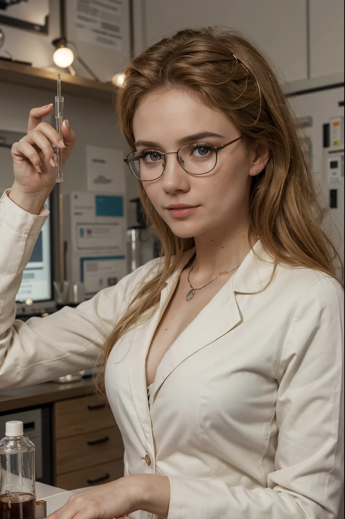 masterpiece, best quality, extremely detailed, hyperrealistic, photorealistic, a pretty german woman, glasses, white lab coat:1.1, tops, laboratory background:1.1, graduate school, ultra detailed face, holding test tube:1.1, perfect hands, perfect fingers