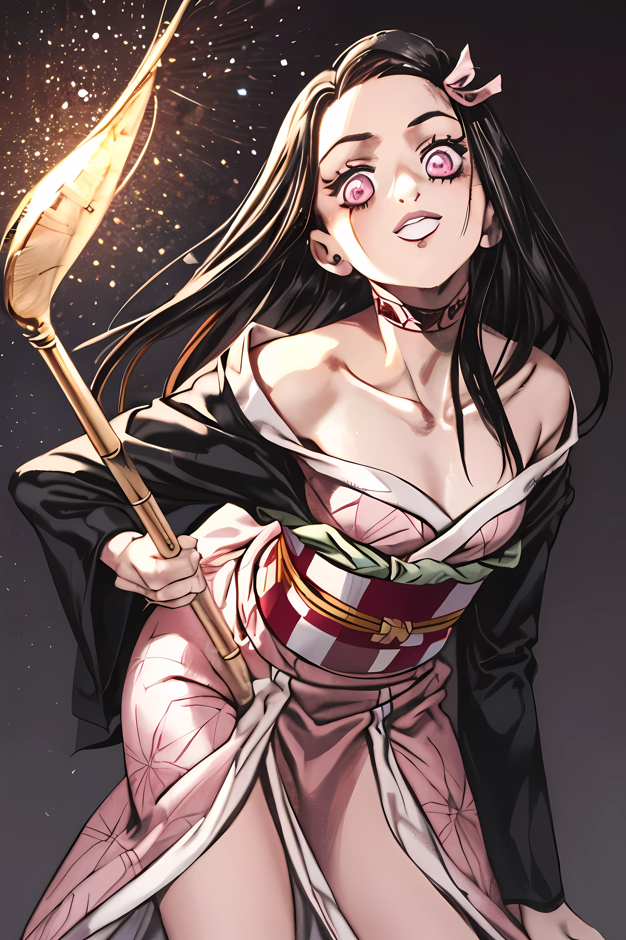 masterpiece, highest quality, 8K, ultra high resolution, highest quality, anime style, best writing, beautiful face, masterpiece, (pink eyes:1.3), (pink kimono), attractive face, good lighting, low cut, small details, masterpiece, shining eyes, 1 girl, black hair, gag, bamboo, Nezuko Kamado, beautiful background, masterpiece, highest quality, throw, cowboy shot, leaning forward, place your hands behind your back, best smile, beautiful makeup, (charming eyes:1.3)