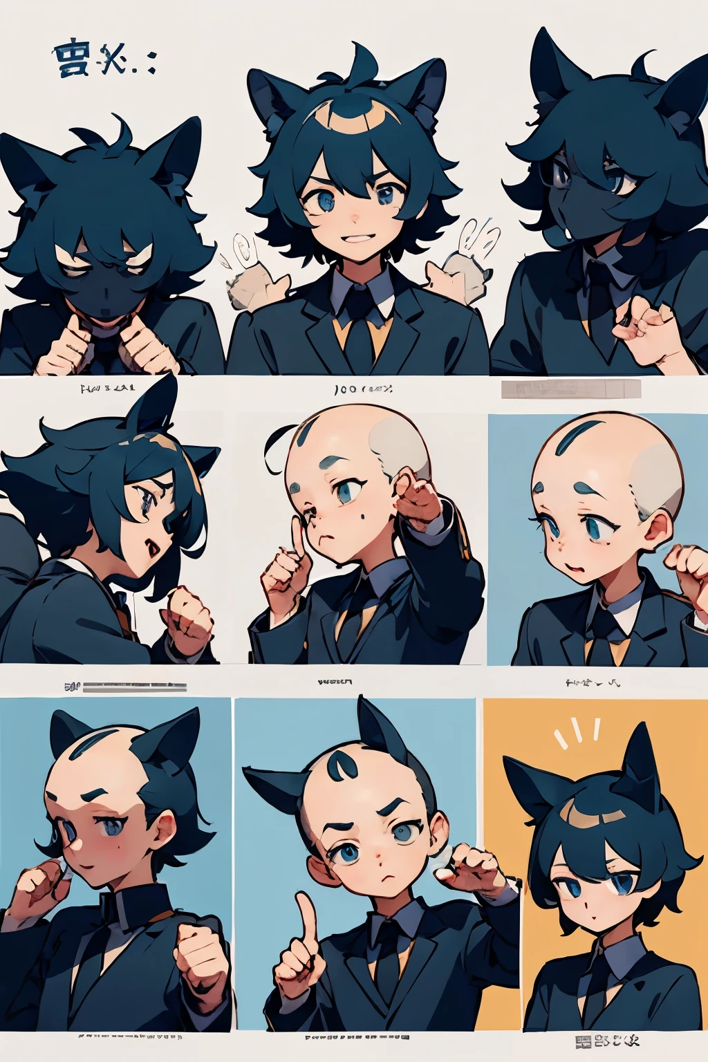 Character: A male office worker with black dog ears on his head. There are no human ears. His eyes are black and his hair color is black. He is small in height.
Work: Characters with the above conditions. A cute and soothing picture. Pictures that can be used as LINE stamps. An illustration. animation.
1. “He raises one hand in greeting.”
2. “Raising one hand and waving.”
3. “Smiling and waving.”
4. “Change into nightgowns and get into bed.”
5. "They're clapping their hands in celebration."
6. “He bows his head.”
7. “He’s looking at me worriedly.”
8. “He has his hands clenched into fists and is balding.”
9. “I give the OK sign with a smile.”
10. “I’m surprised.”
11. “He’s pointing here with his index finger.”
12. "Salutes"
Please draw expressive illustrations of 12 types of emotional expressions.