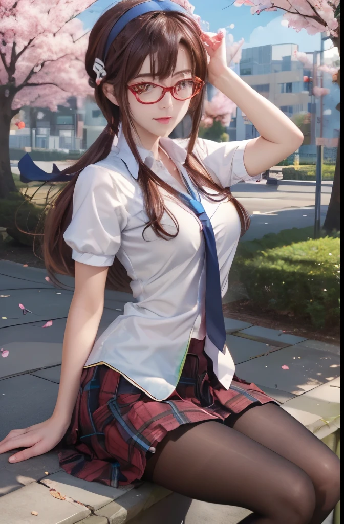 marimakinami, Mari Makinami, Japanese、skin that is not too white、blue big eyes, brown hair, thick red rimmed glasses, big breasts、chest bulge、big ass、head band, twin tails, break dress shirt, pantyhose, plaid, plaid skirt, , shirt, skirt, break outdoors, city, break looking at viewer, break (masterpiece:1.2), highest quality, High resolution, unity 8k wallpaper, (figure:0.8), (detailed and beautiful eyes:1.6), highly detailed face, perfect lighting, Very detailed CG, (perfect hands, perfect anatomy),