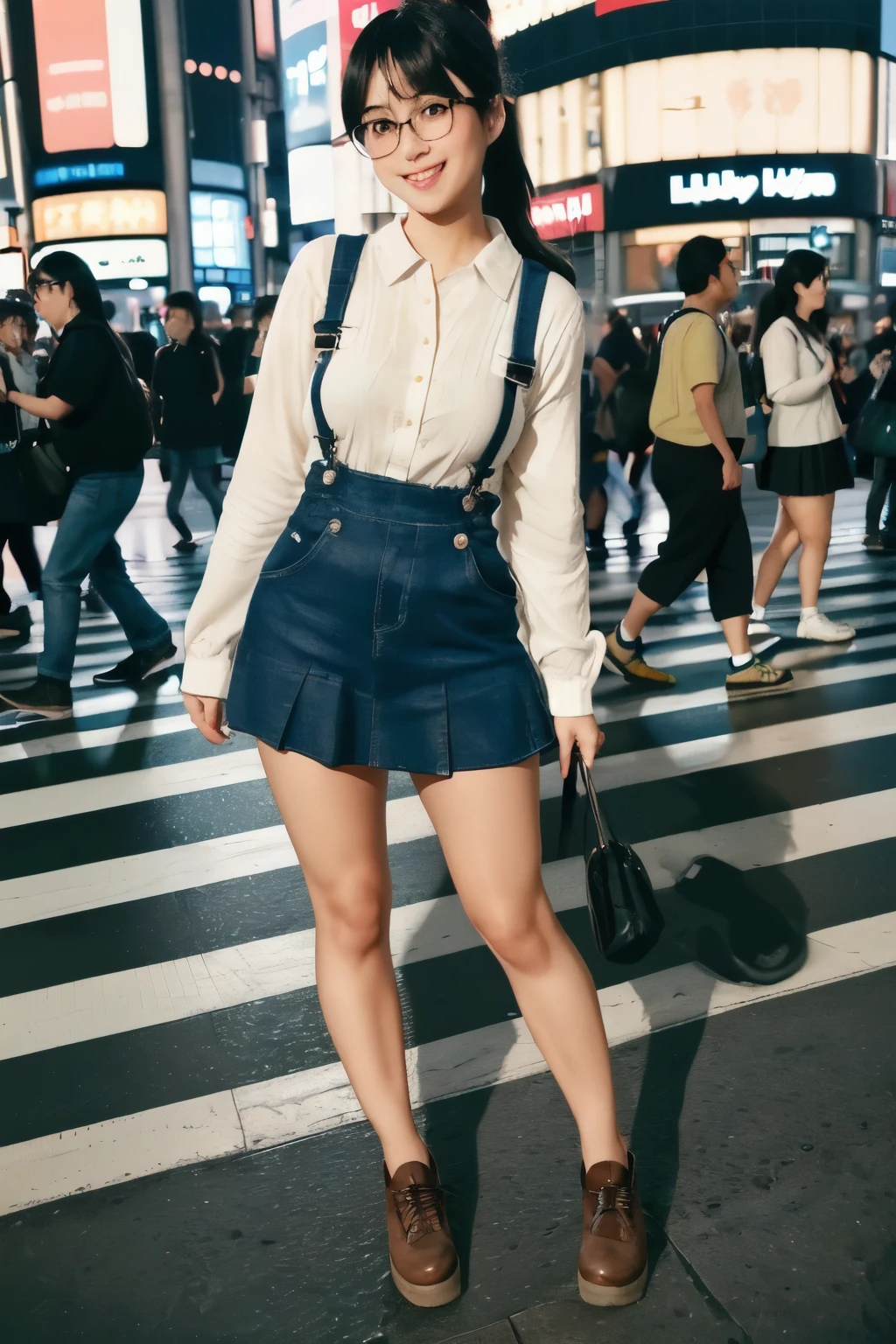 ((wide angle, full body)), beautiful female tourist, black hair in a ponytail, bangs, wearing large glasses, grin, ((wearing large short skirt overallorning light, Shibuya Scramble Crossing