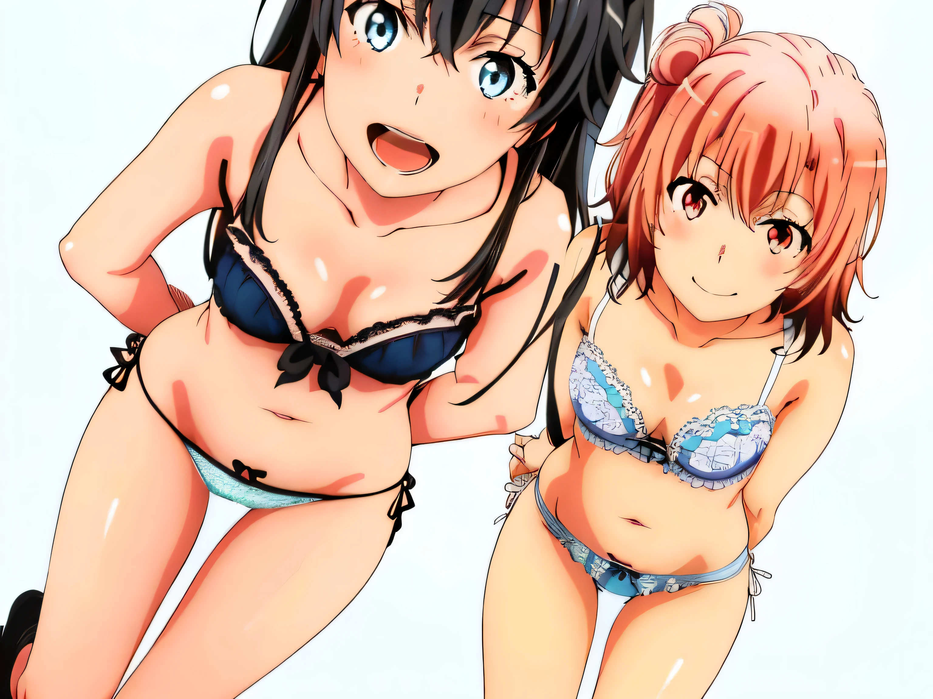 2 girls , (Yukinoshita Yukino), (yuigahama yui'bust and thighs are great),In underwear,they have their hands behind their backs,good,belly button,(light blue panties),(white panties),(thighs),knees,((high angle)),(beautiful eyes),look at the camera,open your mouth,smile,Insert your head