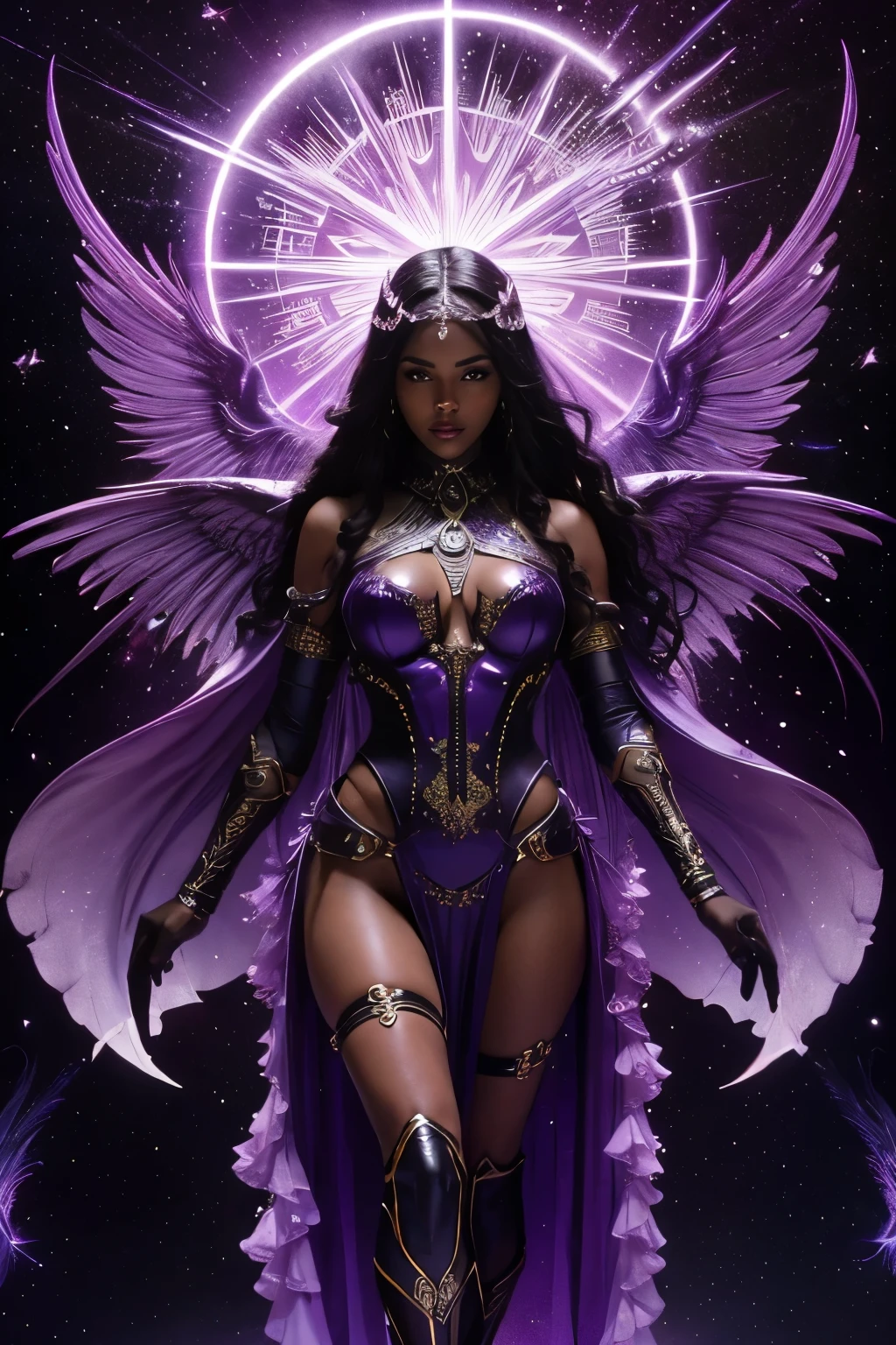 a very dark skin woman, large breasts, beautiful goddess, in a full body violet outfit with wings and a sword, angelic violet armor, angel knight girl, extremely detailed, as a mystical valkyrie, elaborate costume, exotic costumes, rave outfit, ornate cosplay, artgerm julie bell beeple, ig model | artgerm