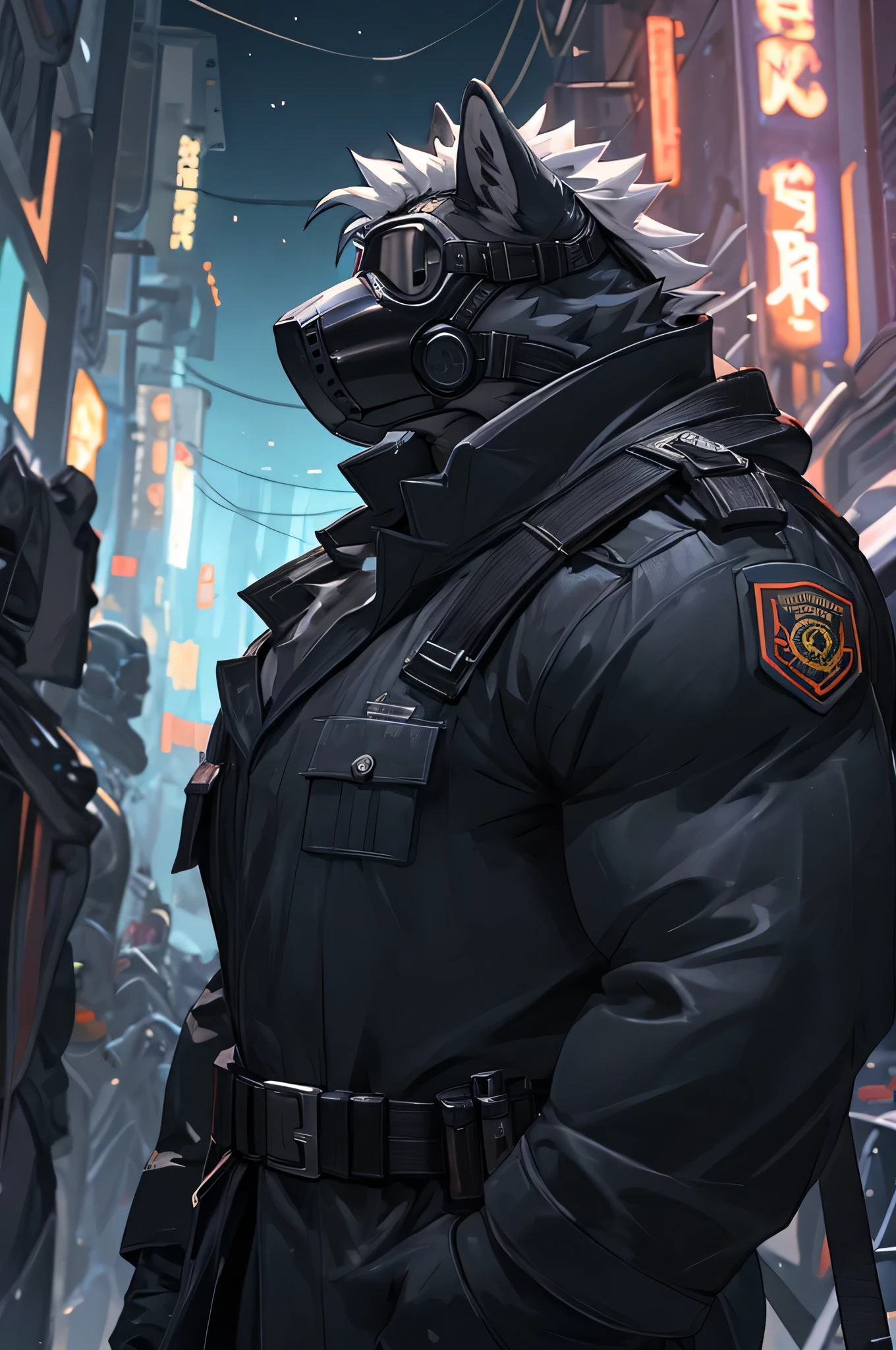 solo, masterpiece, 4k, ultra detail, cyberpunk , facing camera, a very tall, muscular wolf , towering, hulking tall, huge body, hulk,  detailed gas-mask- monstrous, huge muscles, wide shoulders,black leather, wearing a black leather trench coat, German military style coat, long leather coat, no eyes, eyes covered, no eyes, face hidden, eyes hidden black leather gloves, metal finger claws, no insignia, no eyebrows, long white hair; long perfect white hair, gas-mask face, mask teeth, mask tubes, mask grill mouth, mouth tubes, Bane mask, Monster mouth , Hellboy Kronen mask, Von Lycan, straps, corporate security, face hidden, welding goggles, dark goggles, black goggles, no eyes, Resident Evil Hunk, face covered, long white hair, dark knight bane gas mask wolf face covered by gas mask, gas mask eye goggles, mechanical jaw, black leather gloves, body covered, silver buttons, arms crossed over chest, dark, industrial militaristic background