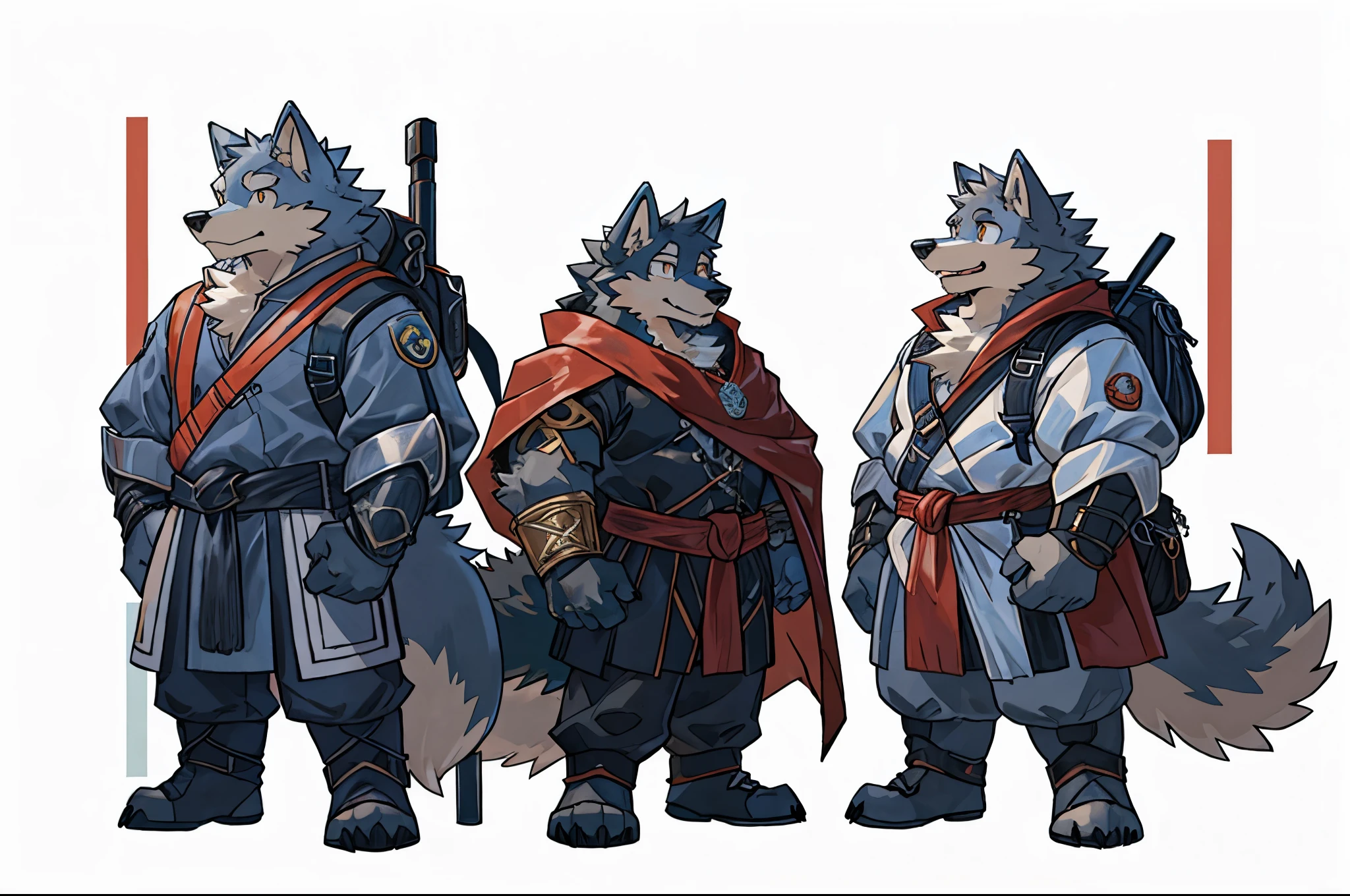 (dynamic pose:1.6), (ultra detailed), sharp focus, niji, eyesgod, furry, (gray-black fur:1.5), white beard, anthro (wolf), male, middle-aged, white belly, tail, muscular, ((knight costume, long red cherry cloak)), ultra detailed face, high details, high quality, (best quality,4k,8k,highres,masterpiece:1.2),vivid colors, (close up:1.2), by takemoto arashi, by kamyuel, by milkytiger1145, by 69panda,dynamic lighting,(enchanted detail of colors), 8k wallpaper, anime illustration style, soft lighting, positive vibes, (((cute))),(groupshot:0.5), laughing, happy, joyful, ((four cartoon anthro(wolf) lined up with backpacks on their backs:1.5)), (line up:1.3), (side view:1.2), as adventurer, concept art by disney, Official illustration, soft lighting, (simple background)