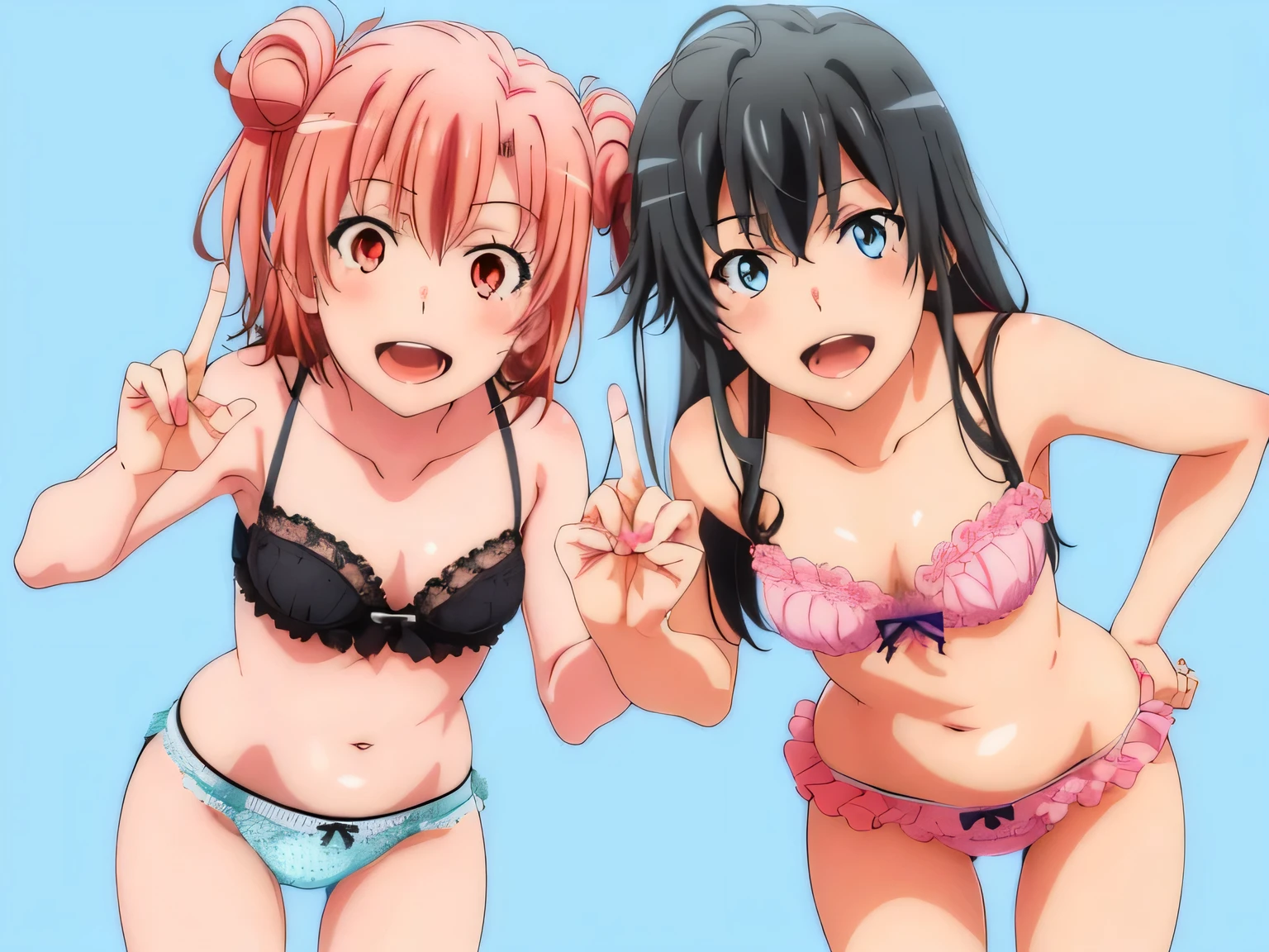 2 girls , (yuigahama yui'bust and thighs are great),(Yukinoshita Yukino),,In underwear,they have their hands behind their backs,good,belly button,(,pink panties),(light blue panties),(thighs),knees,((high angle)),(beautiful eyes),look at the camera,open your mouth,smile,Insert your head