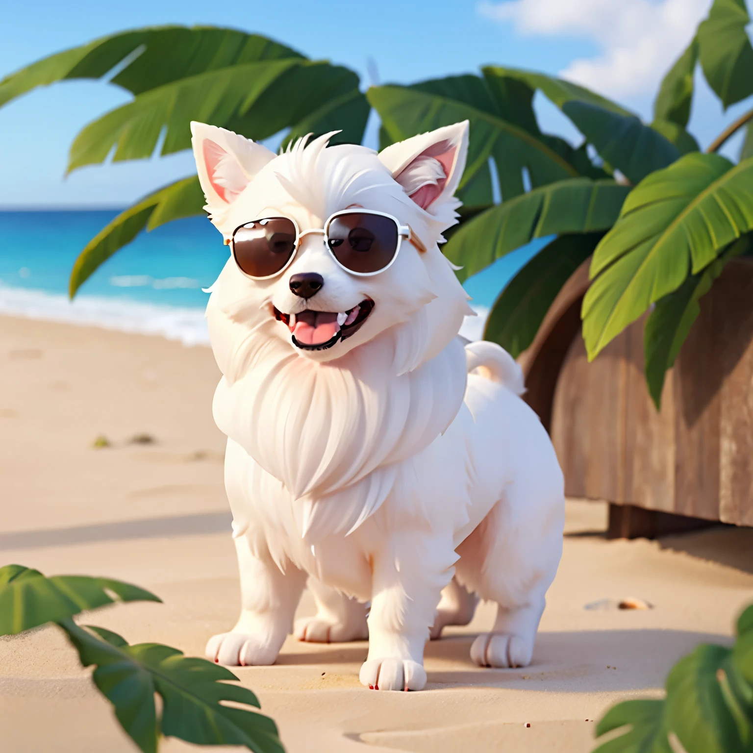 White german spitz dog on the beach with sunglasses