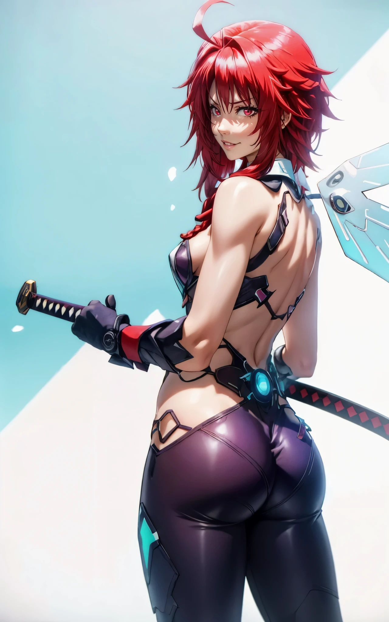 RiasGremory, red hair, long hair, blue eyes, ahoge, anatomically correct, (shaded face:1.2), hollow eyes, red eyes, looking at viewer, heavy breathing, smirk, upper teeth, lips, chaosphcos, gloves, mechanical wings, 1girl, ass, sword, weapon, looking_at_viewer, looking_back, solo, breasts, lips, katana, "glow effects, godrays, Hand drawn, render, 8k, octane render, cinema 4d, blender, dark, atmospheric 4k ultra detailed, cinematic, Sharp focus, big depth of field, Masterpiece, colors, 3d octane render, 4k, concept art, trending on artstation, hyperrealistic, Vivid colors, extremely detailed CG unity 8k wallpaper, trending on CGSociety, Intricate, High Detail, dramatic"