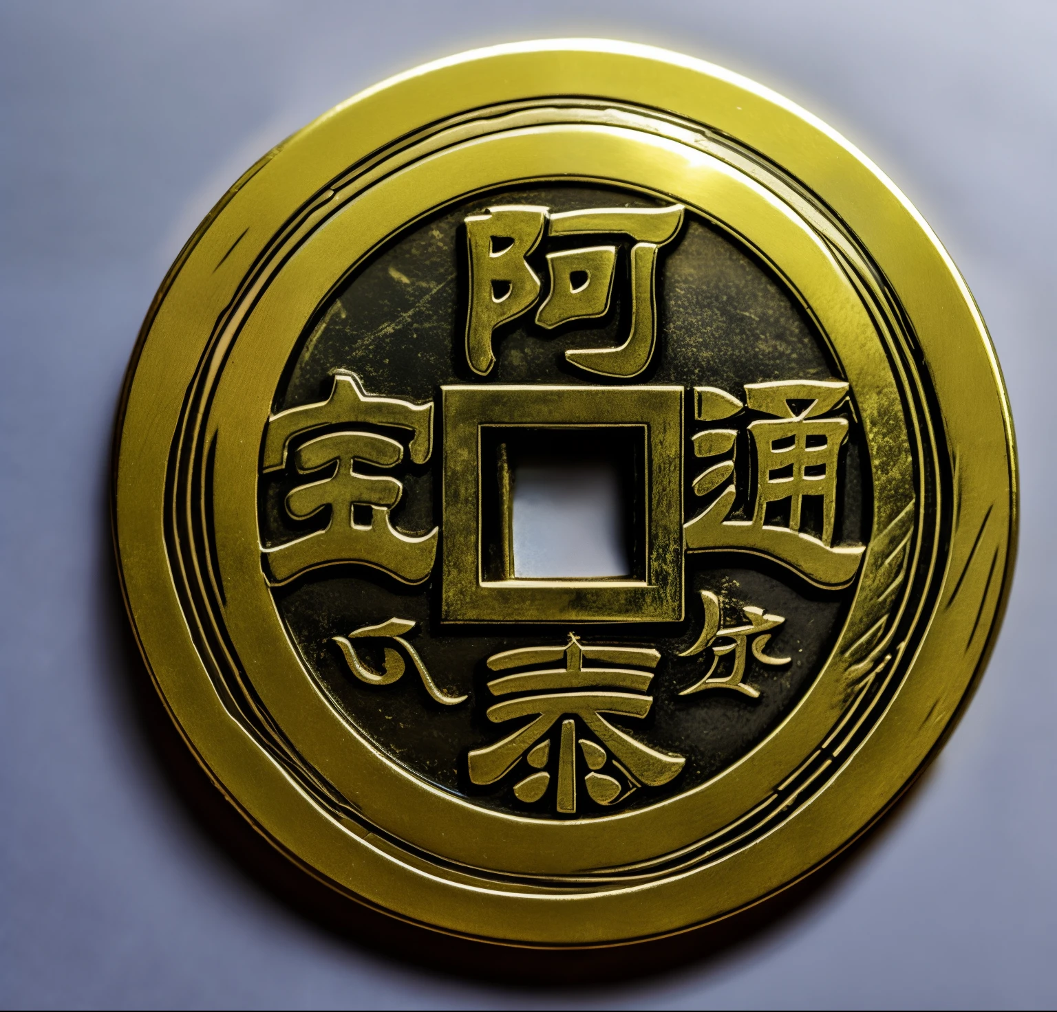 a close up of a coin with chinese writing on it, coin, Song, In line with Chinese aesthetics, traditional Chinese, yuan-you, style of guo hua, Close-up of amulet, mark of fate, hua cheng, coin of secret society, Chinese Arts, golden chinese text, Inspired by Dong Yuan, qiangshu, chi-gong