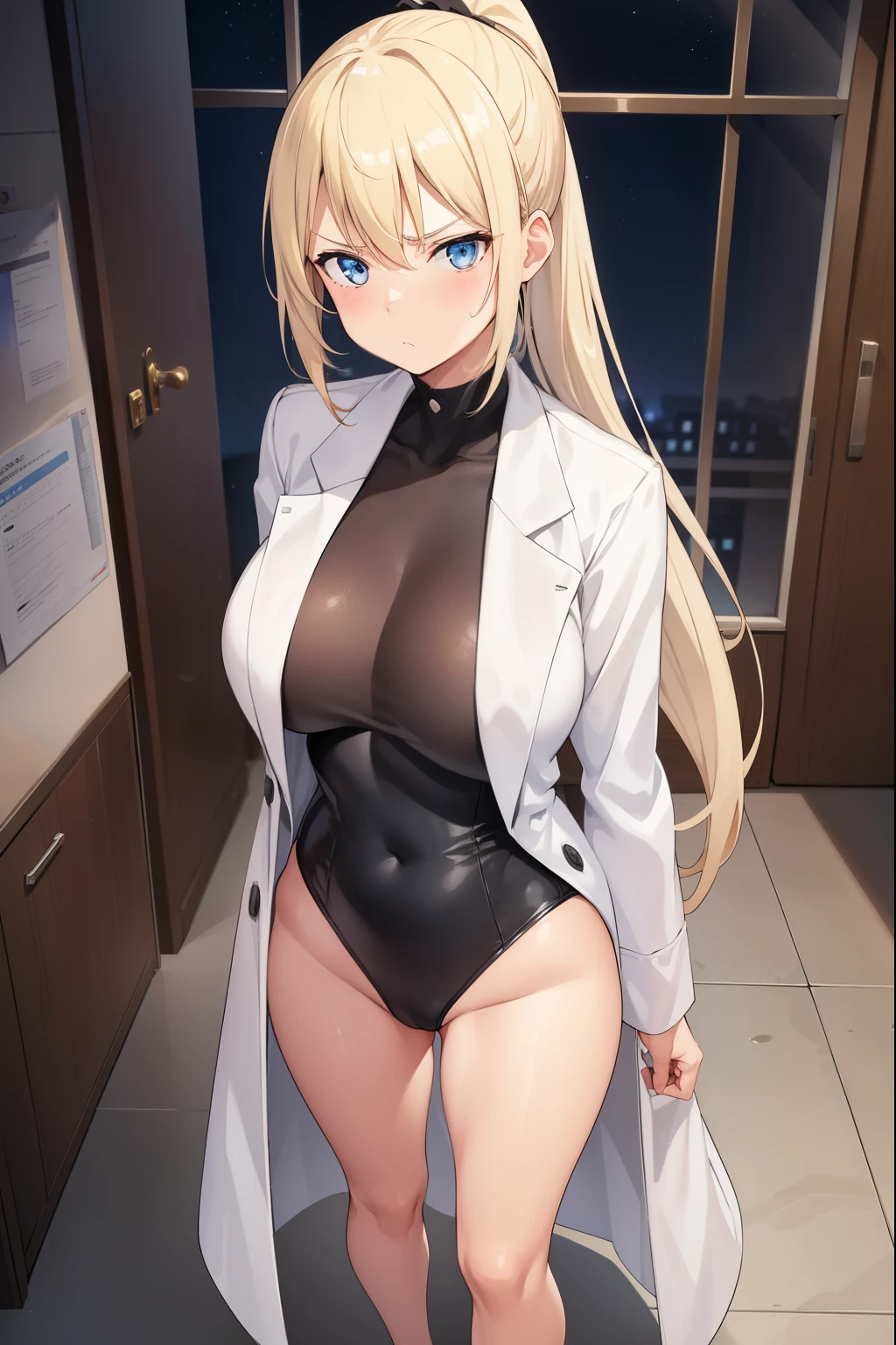 1 girl,blonde,ponytail,blue eyes,big breasts,serious face,white coat over black leotard,barefoot,blush,Research room,night,Are standing,Male 1,(裸のMale 1),(Male 1に後ろからハグされる),