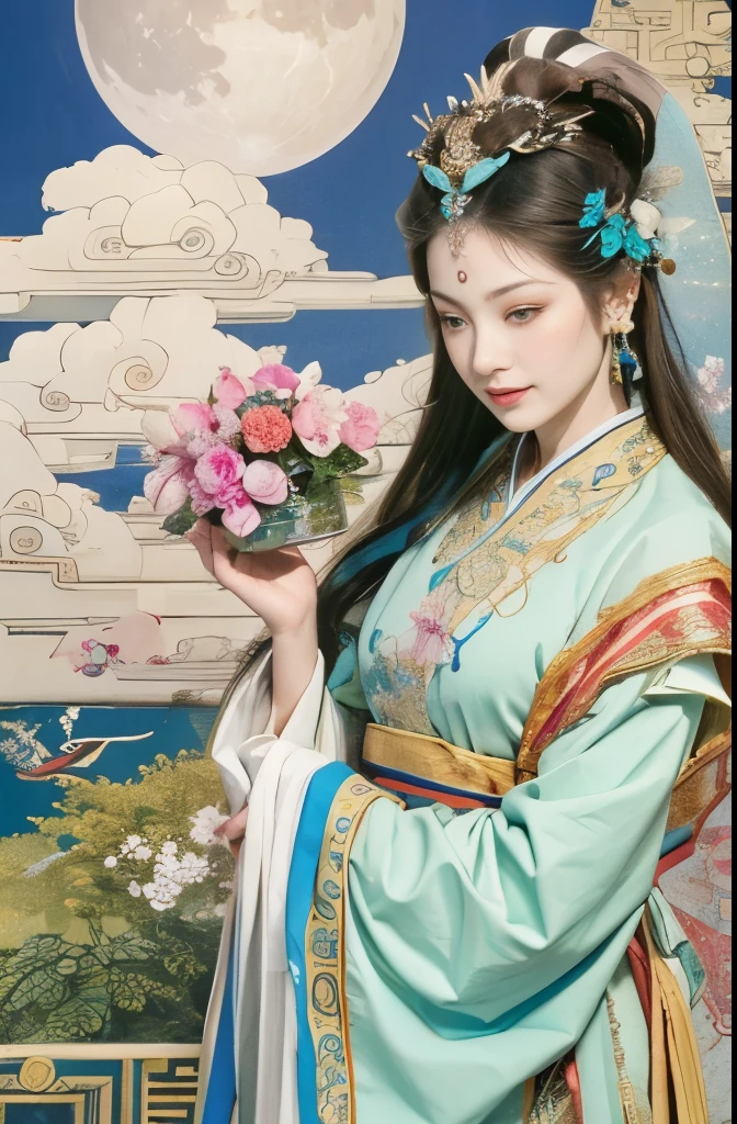 (masterpiece, top quality, best quality, official art, The face is beautiful and beautiful:1.2), (1 Chinese goddess,Chang'e fairy:1.5), Very detailed,(Dunhuang art:1.1),(Dunhuang is rich and colorful:1.1)(flowers:1.3),most detailed,(Chinese mythological paintings:1.2), (Dynamic flight attitude,Foot on the white clouds), (Heavenly Palace, White clouds and bright moon background:1.3), (Chinese Hanfu embroidery fabric:1.2), (shiny skin), (Many colors:1.4), ,(earrings:1.4),