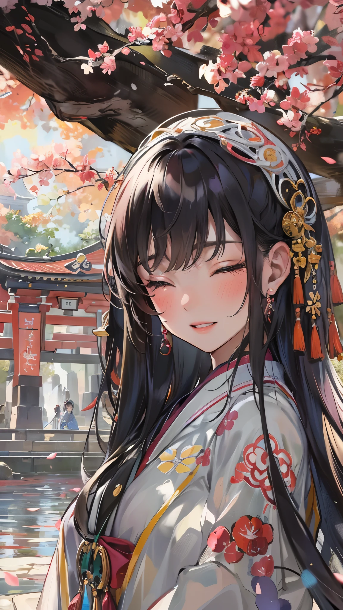 perfect anatomy, masterpiece:1.2, best quality, 8k, beautiful detailed grow, daydreaming expression, Dazaifu Tenmangu Shrine, A stream in a plum orchard, break, ((Write a haiku)) solo:1.3 ((blunt bangs)) (black hair long hair immensely cute girl, 14 yo, closed sexy eyes, smile), in a Shrine maiden costume.
