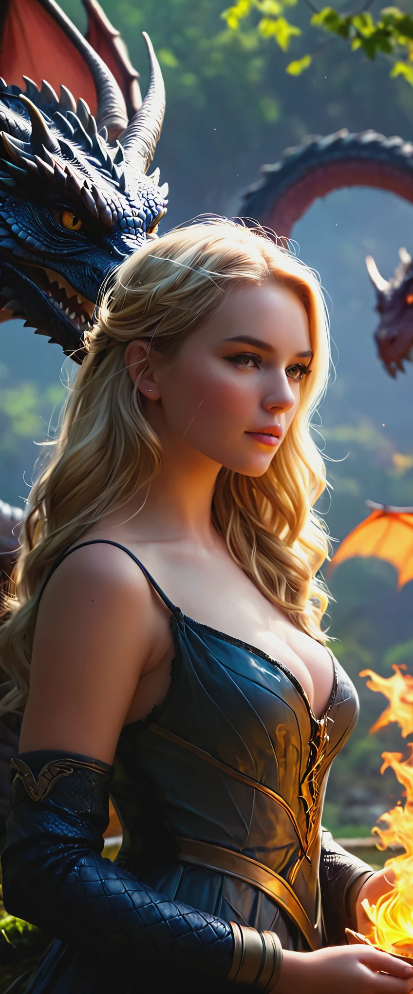 blonde with long hair next to a dragon