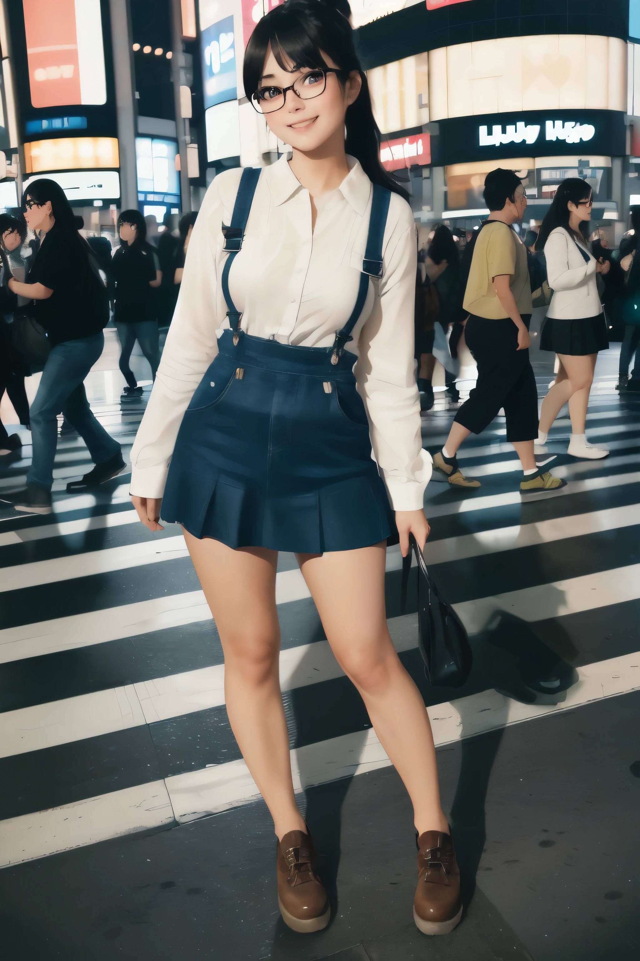 ((wide angle, full body)), beautiful female tourist, black hair in a ponytail, smooth, wearing large glasses, smile, ((Wearing a large short skirt, the overall was bright., Shibuya Scramble Intersection