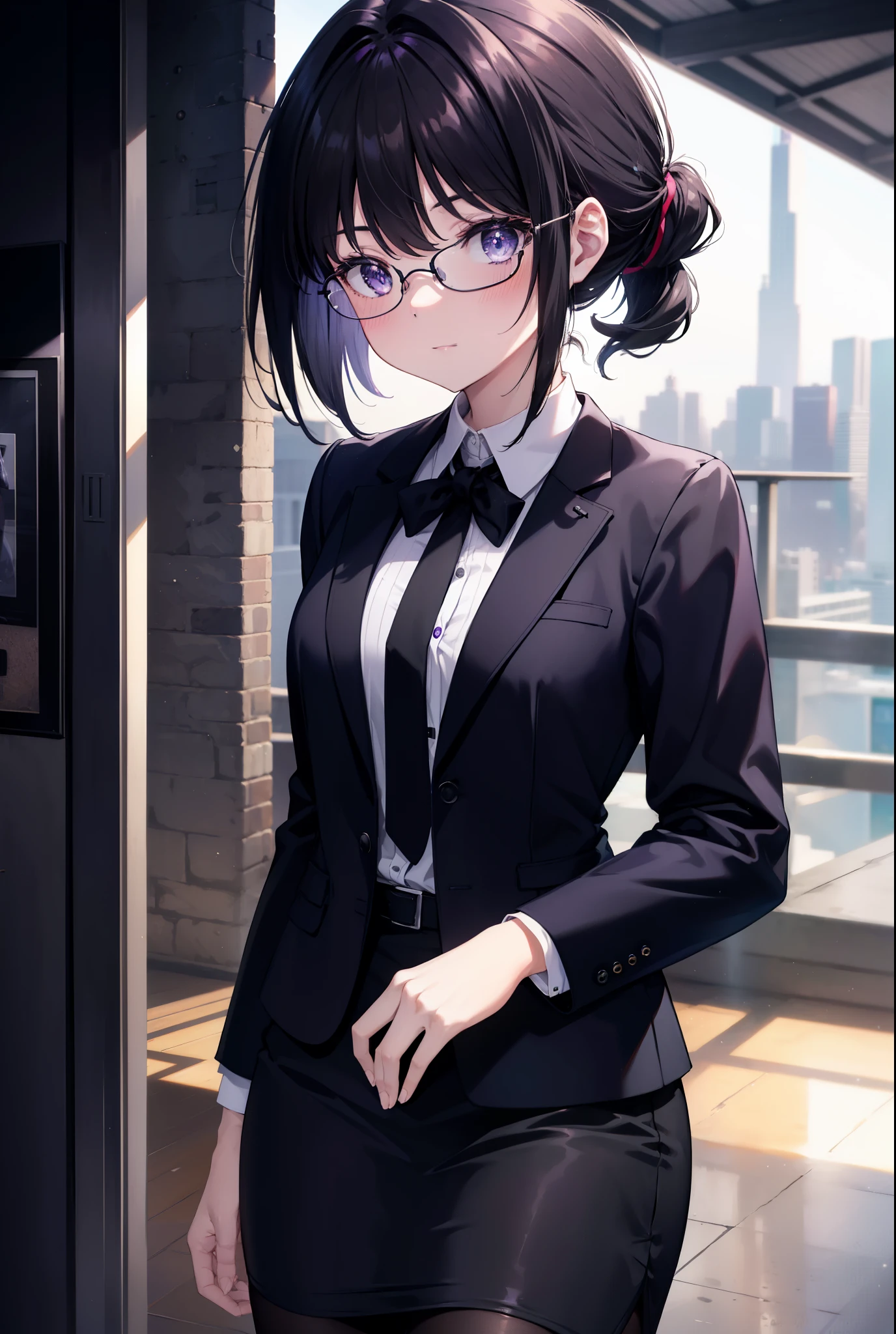 Takiuchi Kame, check it out, short hair, bangs, ponytail, black hair, (purple eyes:1.2),
OL, Black Abyss glasses, end, black suit jacket, collared jacket, white dress shirt, collared shirt, neckline, button, strap, ID card on neck, black pencil skirt, black pantyhose, smile, blush, stiletto heels,walking,noon,視聴者を見ている
break outdoors,In town,building street ,
break looking at viewer, (cowboy shot:1.5),
break (masterpiece:1.2), highest quality, High resolution, unity 8k wallpaper, (figure:0.8), (detailed and beautiful eyes:1.6), highly detailed face, perfect lighting, Very detailed CG, (perfect hands, perfect anatomy),