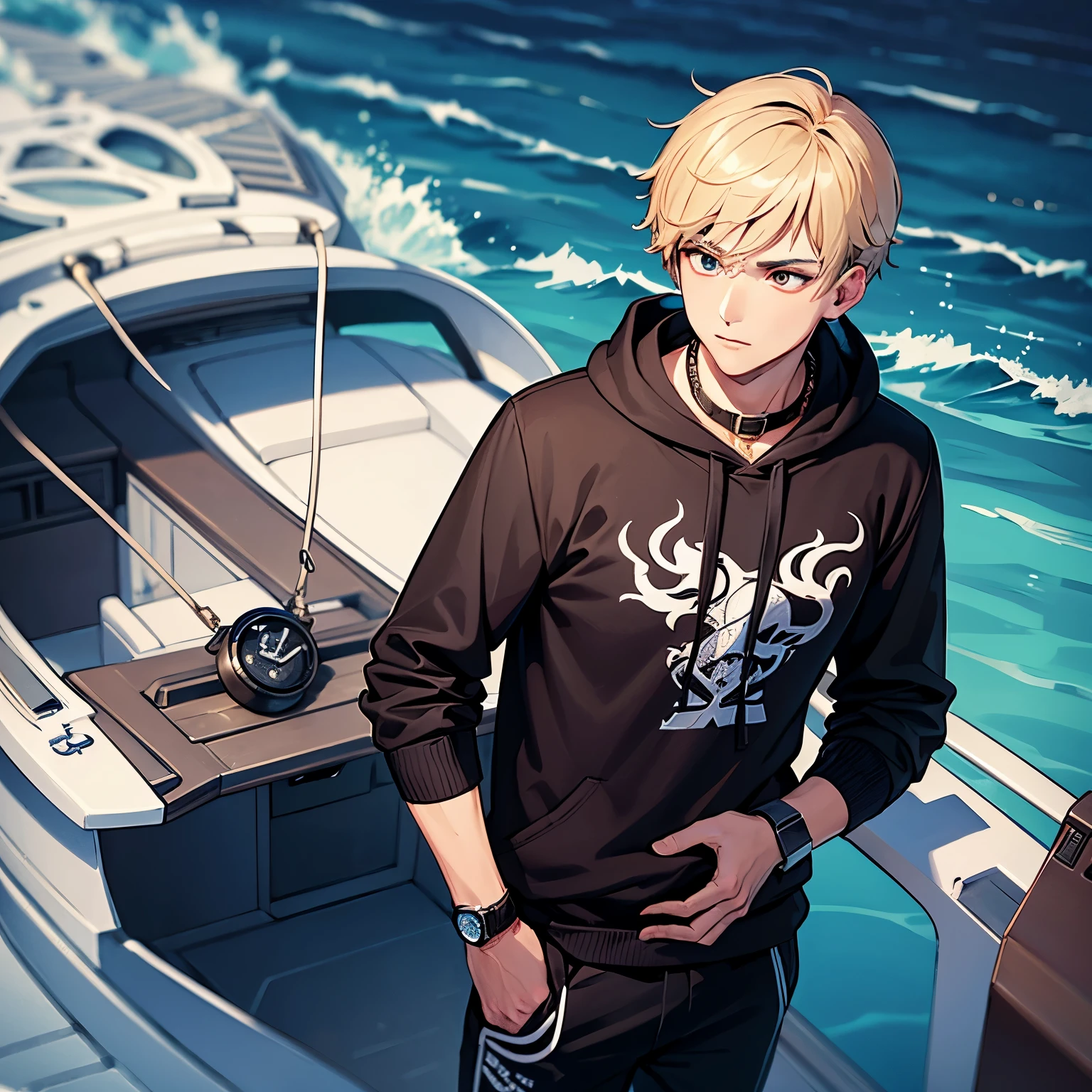 A handsome young man standing wearing a venom printed hoodie a watch in left hand a boat headphones in neck