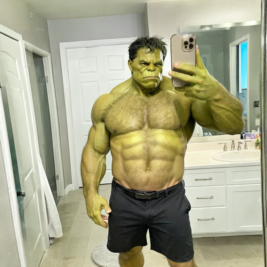 Marvel's The incredible hulk taking a selfie in a large bathroom mirror