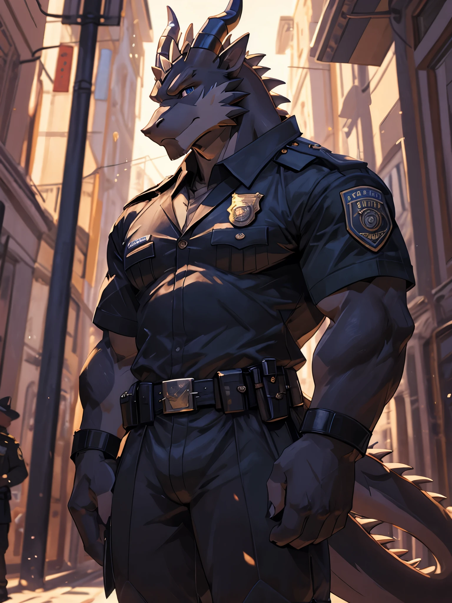 Masterpieces, furry, male, Anthropomorphic, old black wolf, veiny, slender body type, plump six packs, Delicate eyes, white goatee, grizzled fur, glistening body, bushy tail, crooked police, ebony skin, depth of field, warm lighting, bright lighting, (best quality),(masterpiece),(ultra detailed), sharp focus, city background, very large succulent black nipples, fierce look, scars, glossy oiled up skin, black pants, unbuttoned blue shirt